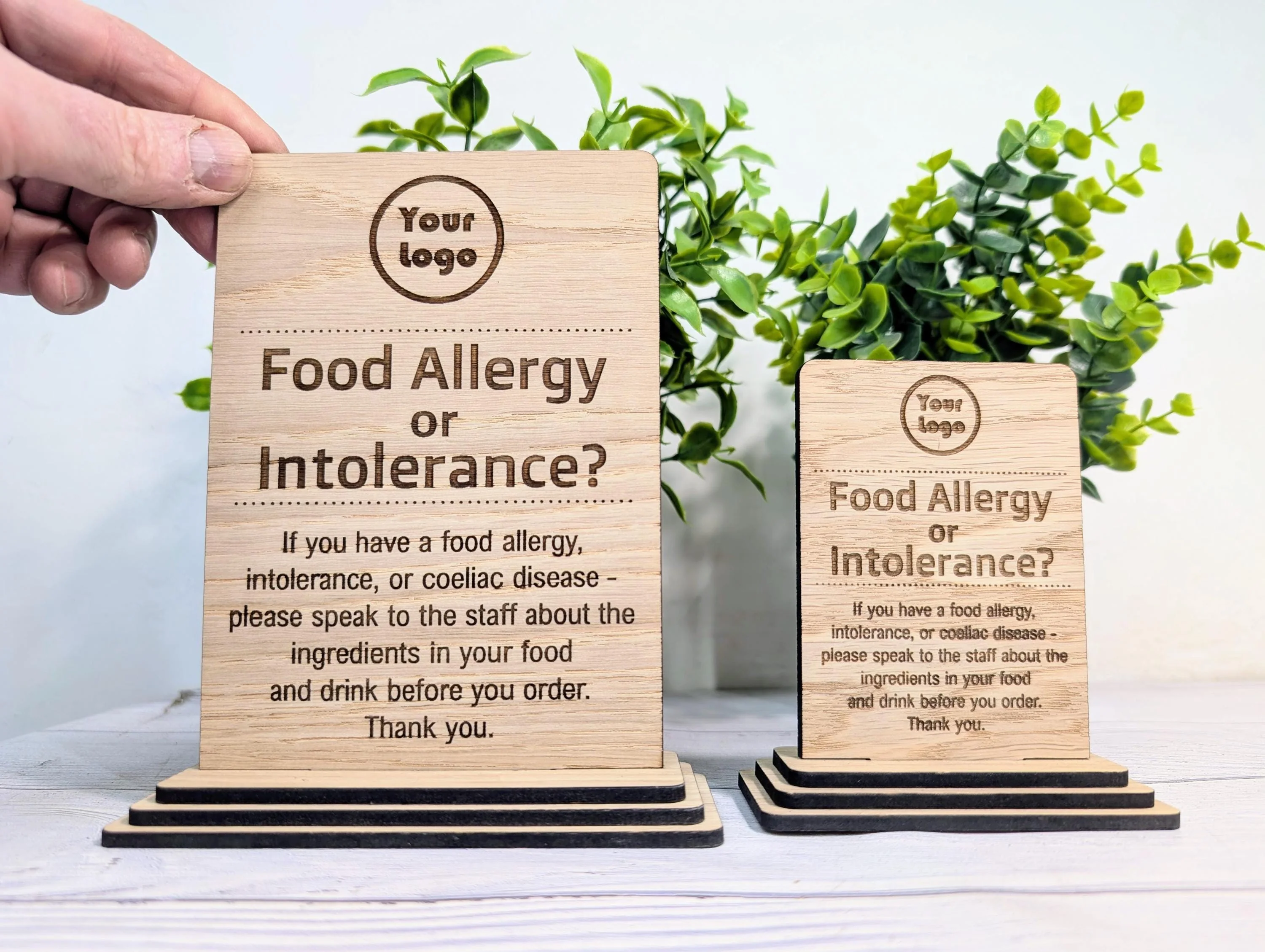 Personalised Wooden Food Allergy Sign – Custom Engraved Kitchen Notice with Logo for Cafés, Pubs & Restaurants, Intolerance and Coeliac Info