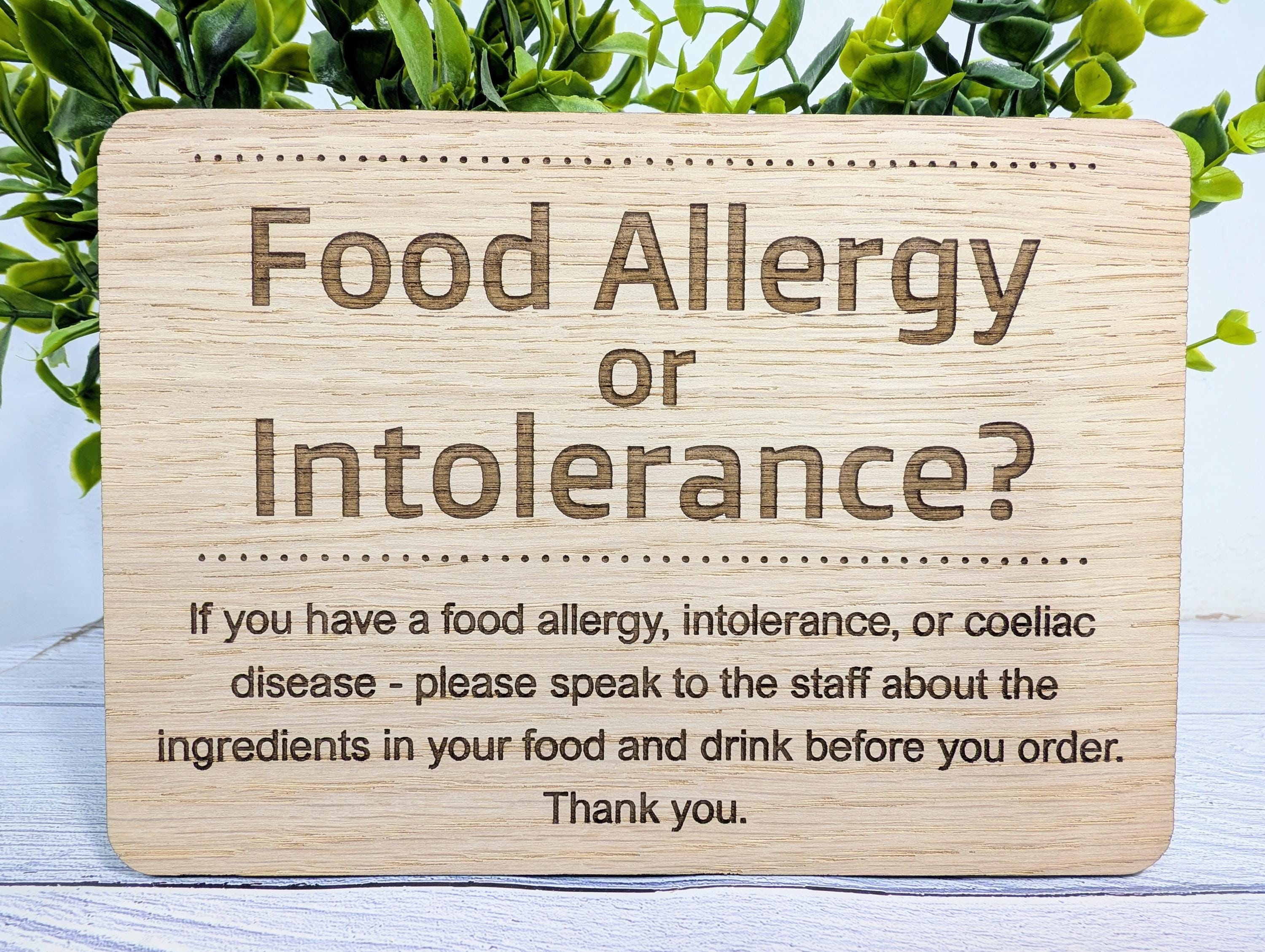 Personalised Wooden Food Allergy Sign – Freestanding Oak Café & Restaurant Notice for Allergy, Intolerance and Coeliac Info, Optional Stand - Image 2