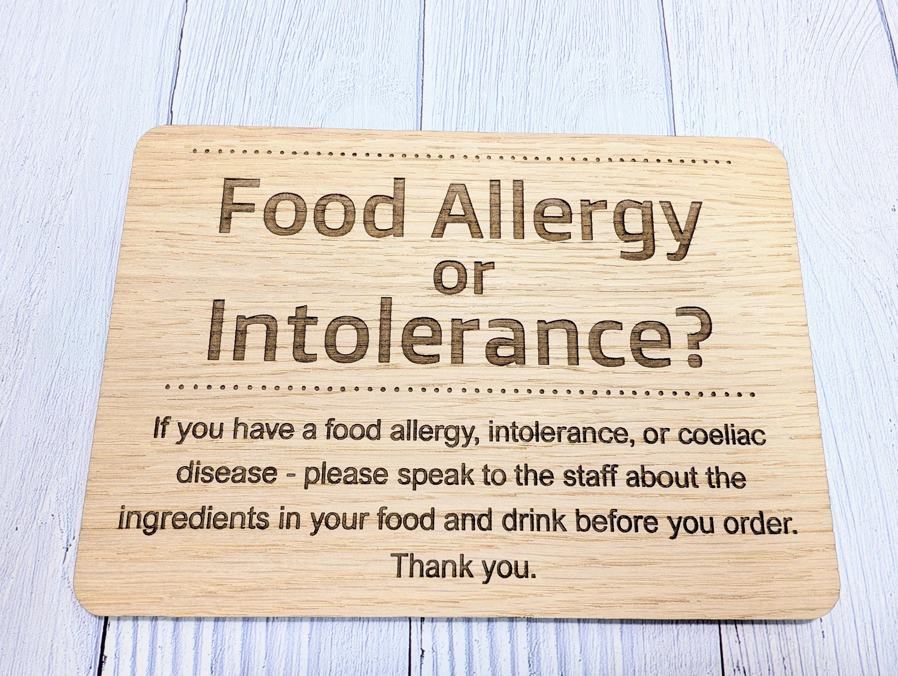 Personalised Wooden Food Allergy Sign – Freestanding Oak Café & Restaurant Notice for Allergy, Intolerance and Coeliac Info, Optional Stand - Image 5