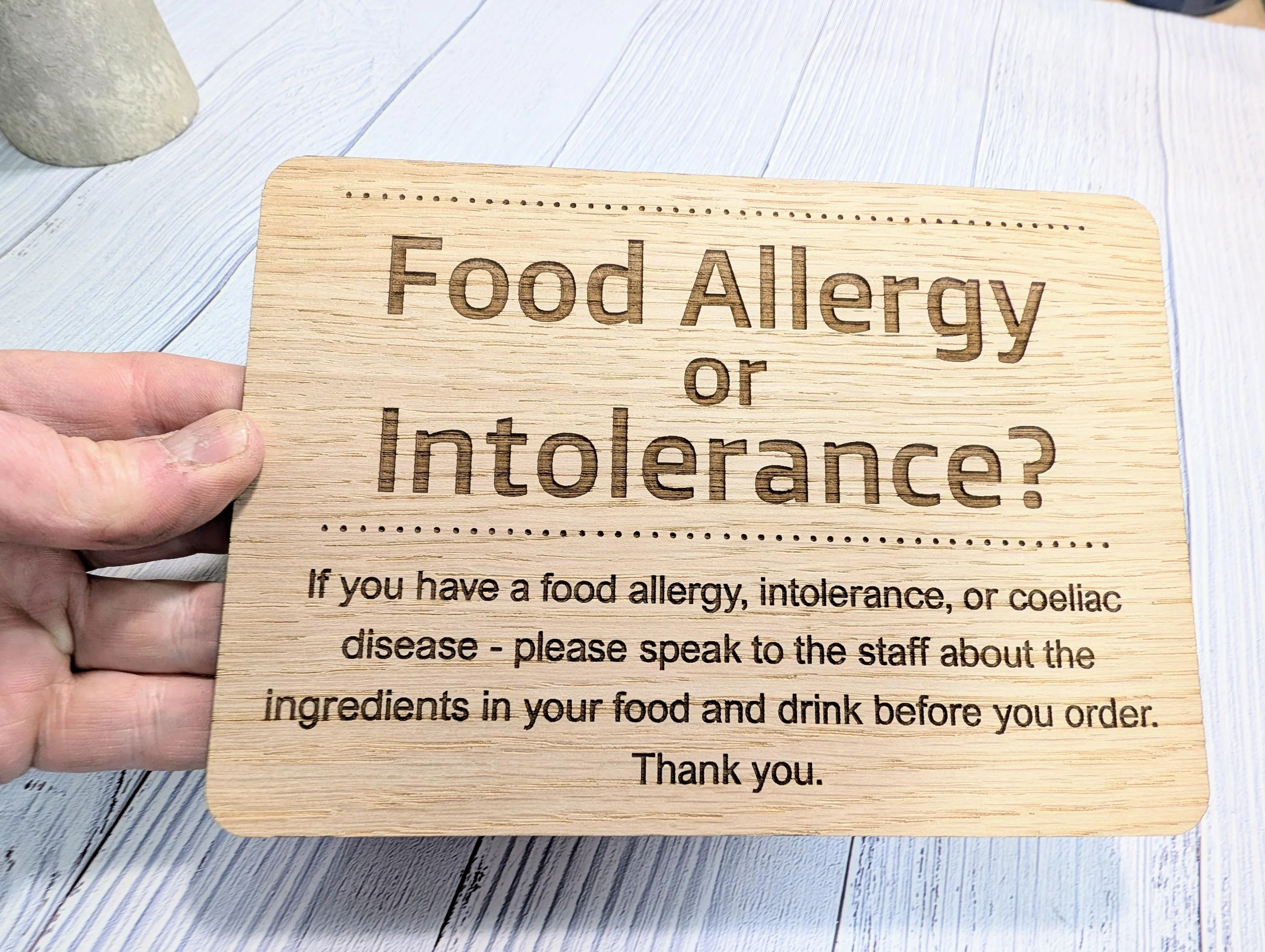 Personalised Wooden Food Allergy Sign – Freestanding Oak Café & Restaurant Notice for Allergy, Intolerance and Coeliac Info, Optional Stand - Image 7