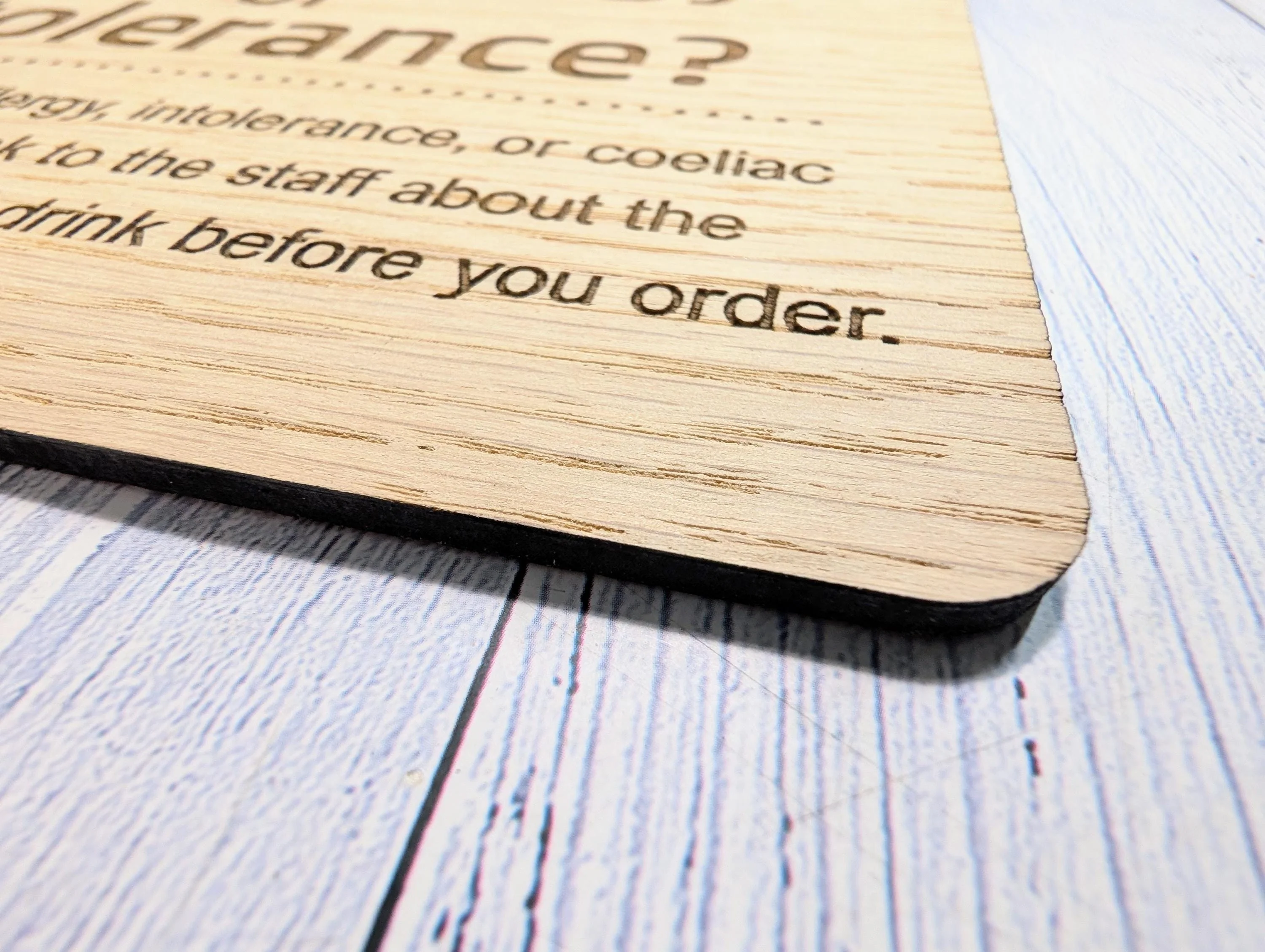Personalised Wooden Food Allergy Sign – Freestanding Oak Café & Restaurant Notice for Allergy, Intolerance and Coeliac Info, Optional Stand - Image 9
