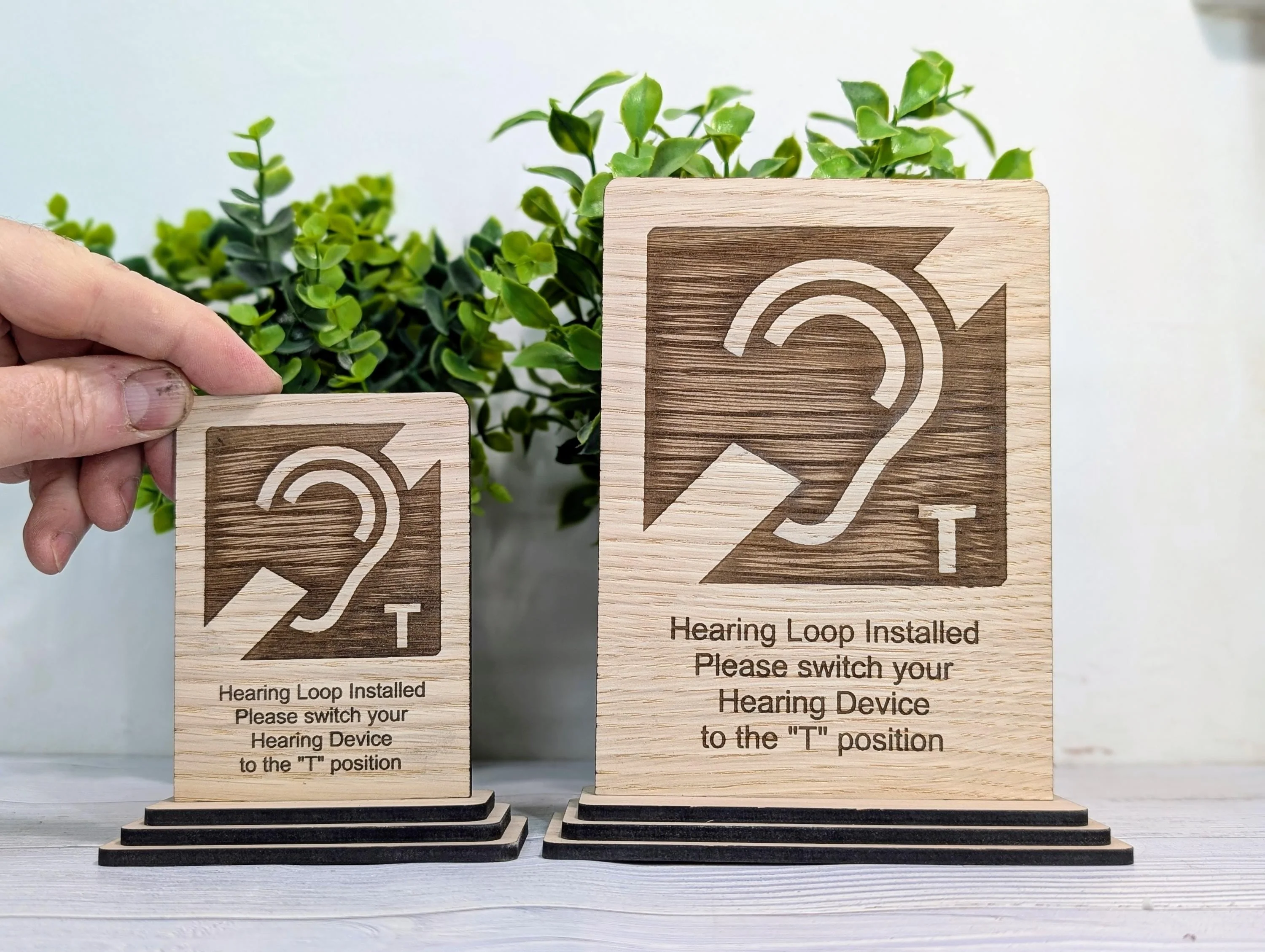 Personalised Wooden Hearing Loop Sign – Freestanding Table Sign for Accessibility, Office, & Public Spaces- Two Sizes - Removable Base - Image 2