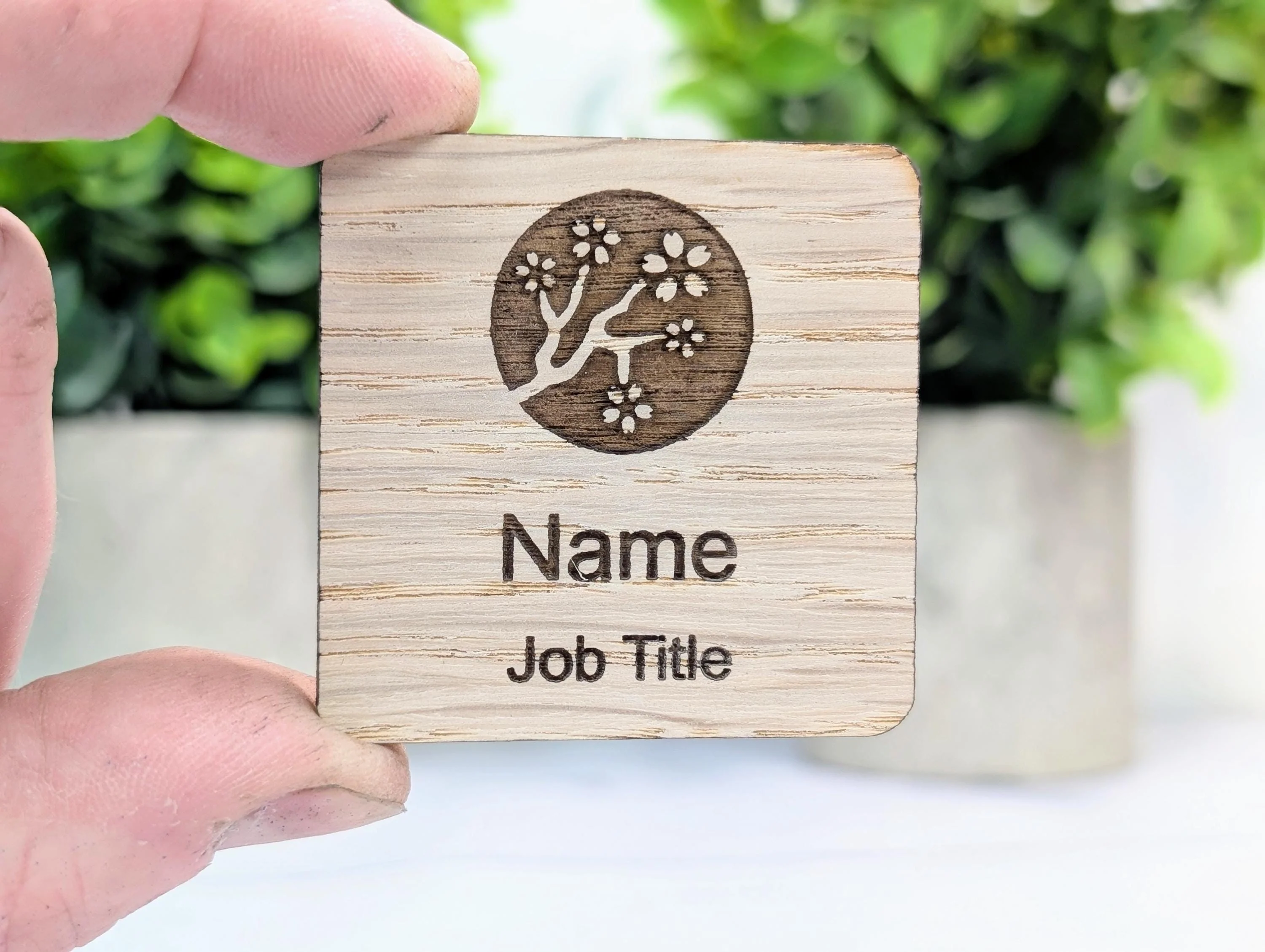 Personalised Wooden Name Badge 50mm x 50mm – Square Shape Oak Veneer with Pin/Clip, Magnet or Pin Only – Eco-Friendly Custom Work ID Tag