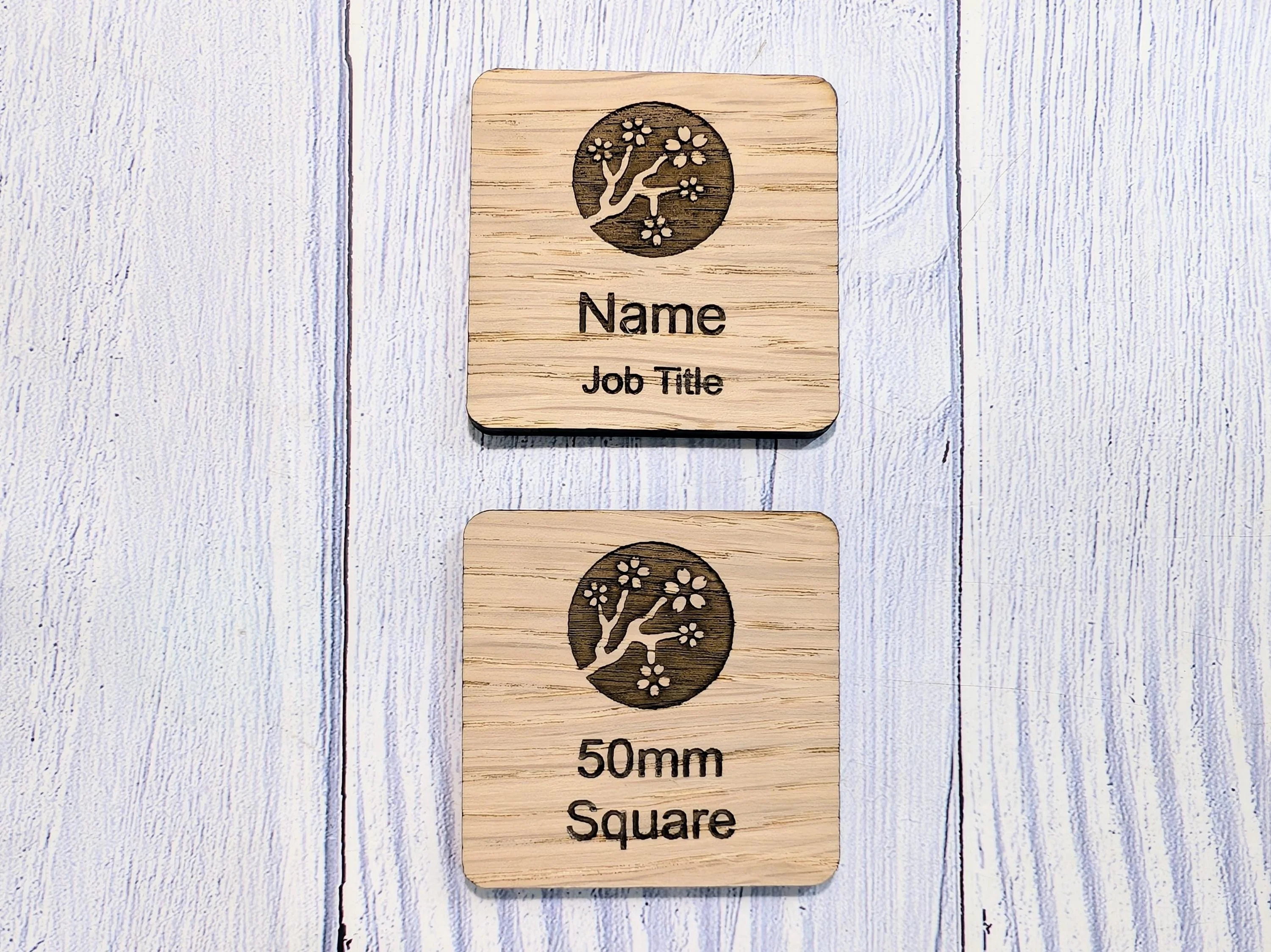 Personalised Wooden Name Badge 50mm x 50mm – Square Shape Oak Veneer with Pin/Clip, Magnet or Pin Only – Eco-Friendly Custom Work ID Tag - Image 2