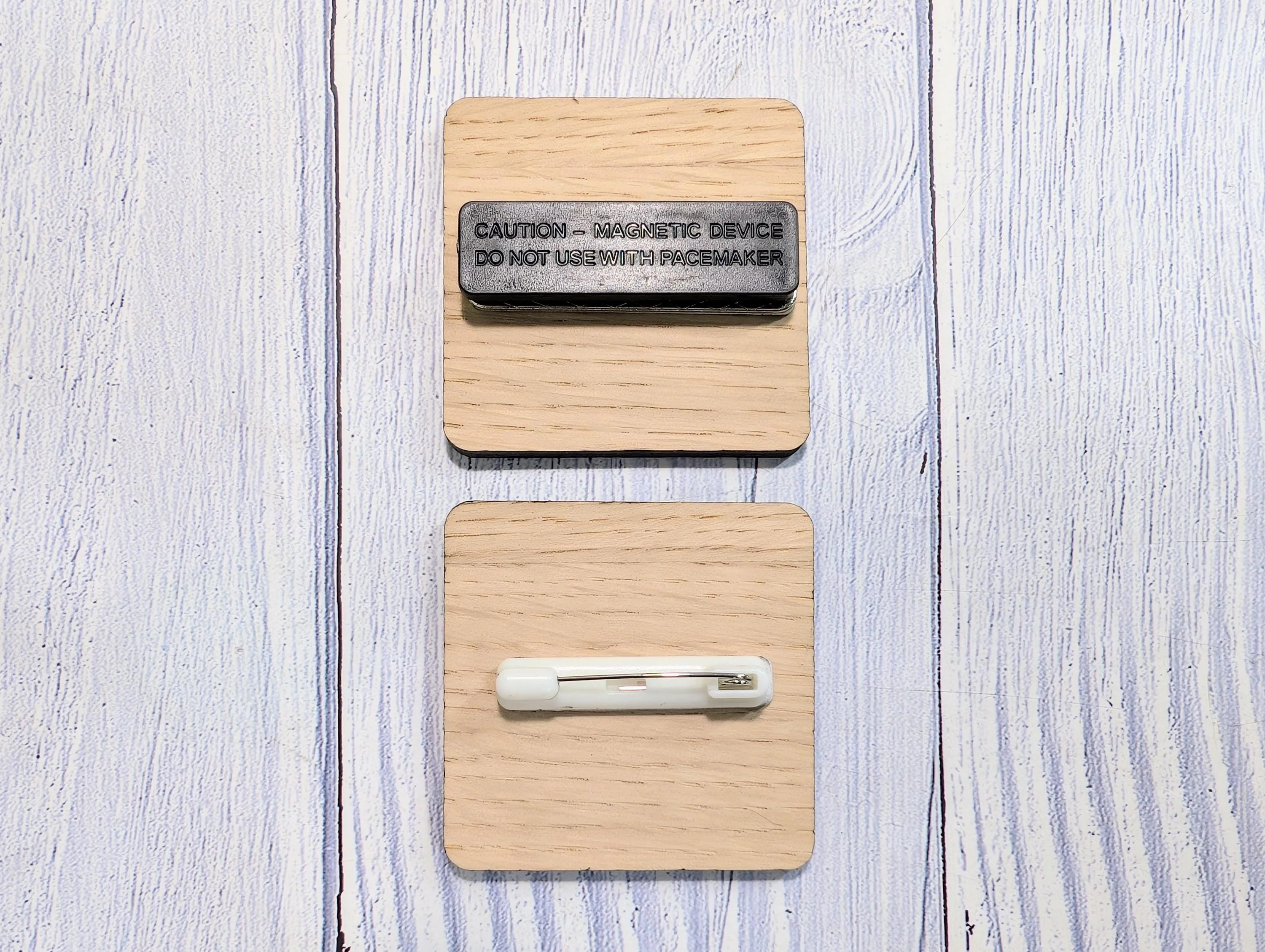 Personalised Wooden Name Badge 50mm x 50mm – Square Shape Oak Veneer with Pin/Clip, Magnet or Pin Only – Eco-Friendly Custom Work ID Tag - Image 4