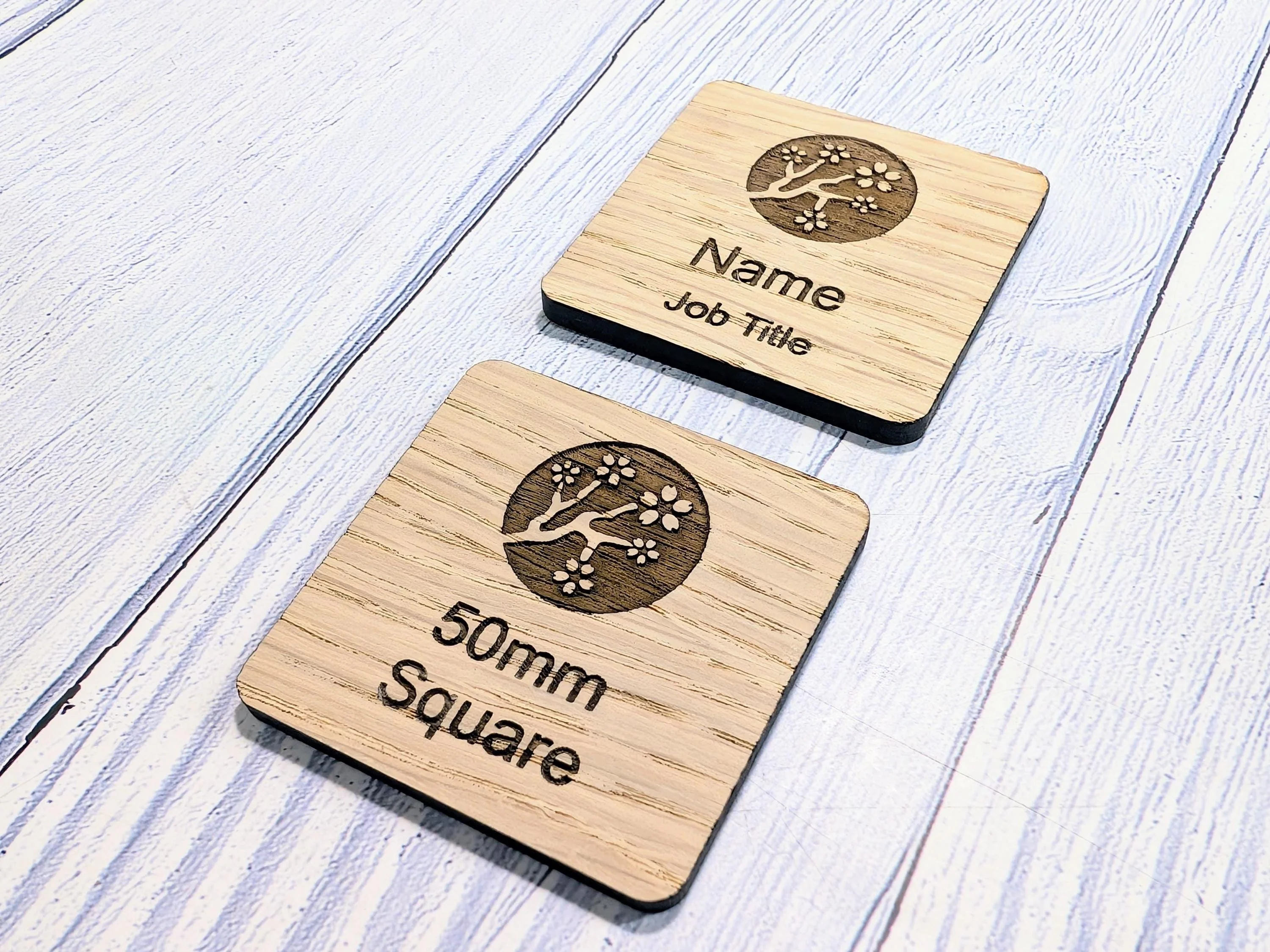 Personalised Wooden Name Badge 50mm x 50mm – Square Shape Oak Veneer with Pin/Clip, Magnet or Pin Only – Eco-Friendly Custom Work ID Tag - Image 5