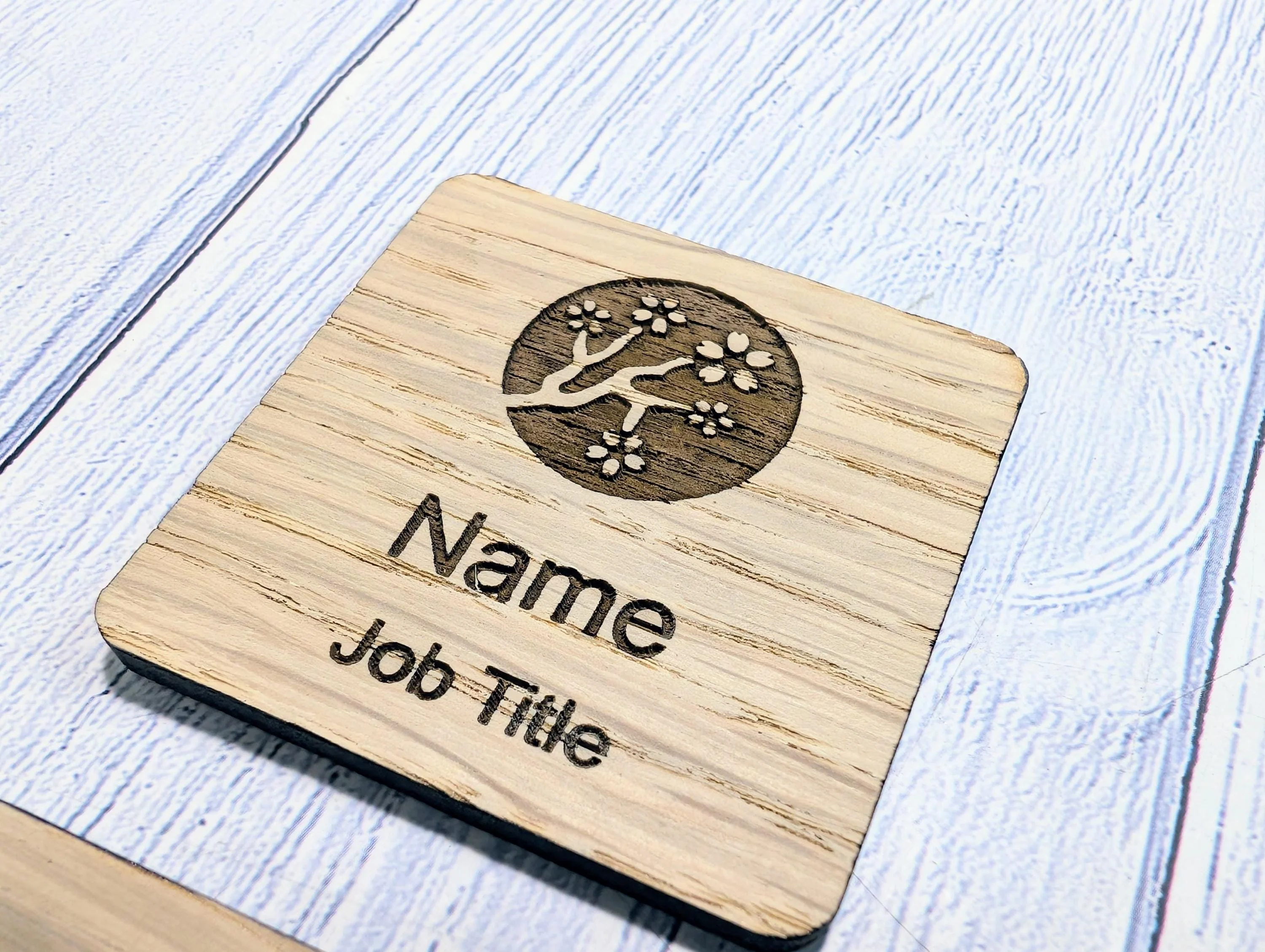 Personalised Wooden Name Badge 50mm x 50mm – Square Shape Oak Veneer with Pin/Clip, Magnet or Pin Only – Eco-Friendly Custom Work ID Tag - Image 6