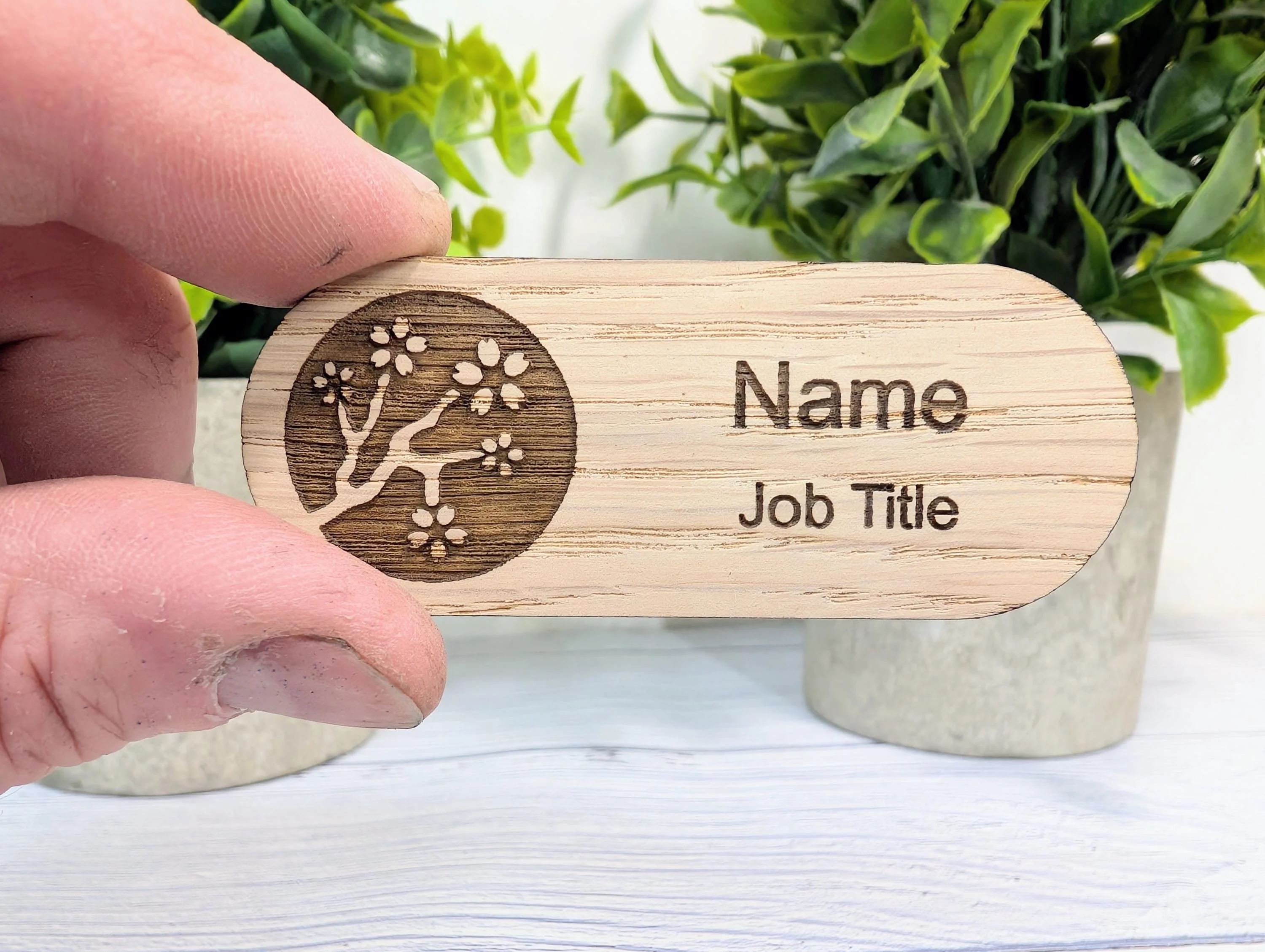 Personalised Wooden Name Badge 75x30mm – Lozenge Shape Oak Veneer with Magnet or Pin – Eco-Friendly Custom Work ID Tag
