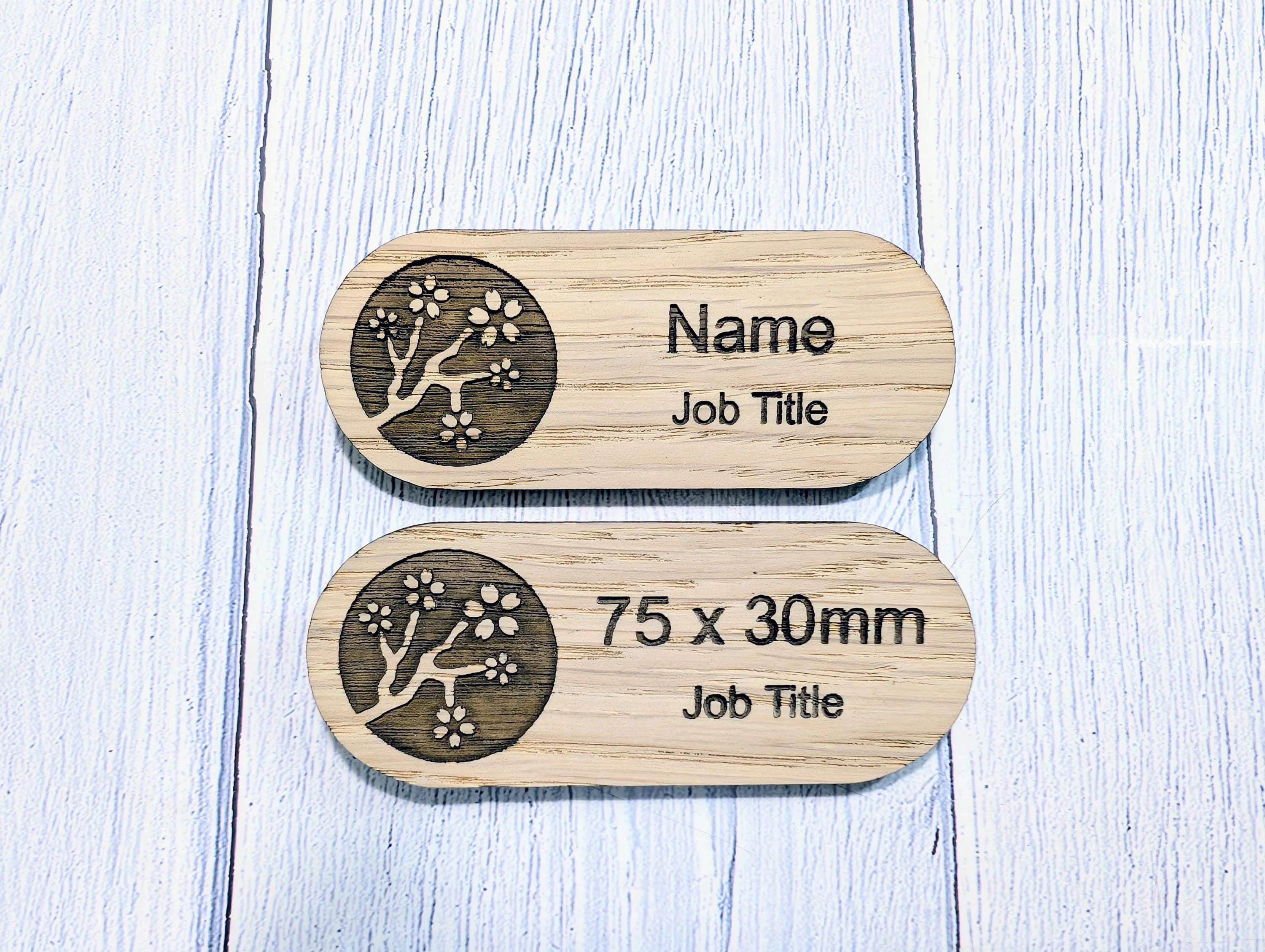 Personalised Wooden Name Badge 75x30mm – Lozenge Shape Oak Veneer with Magnet or Pin – Eco-Friendly Custom Work ID Tag - Image 2