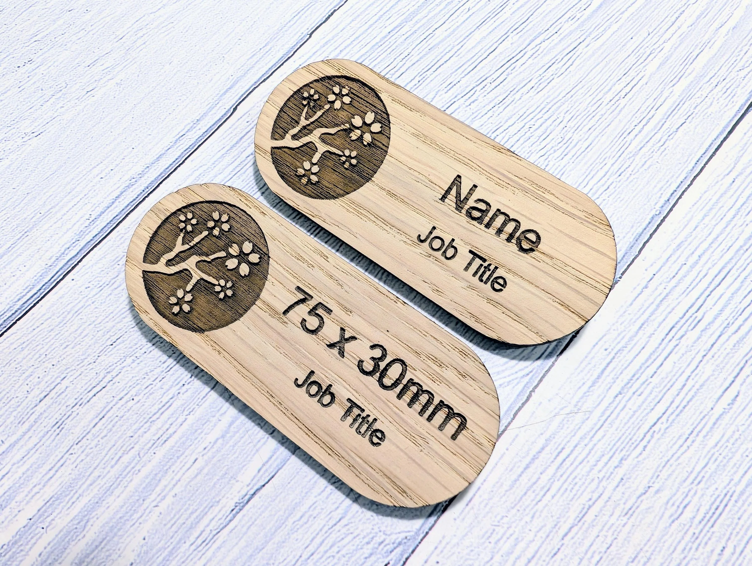 Personalised Wooden Name Badge 75x30mm – Lozenge Shape Oak Veneer with Magnet or Pin – Eco-Friendly Custom Work ID Tag - Image 3