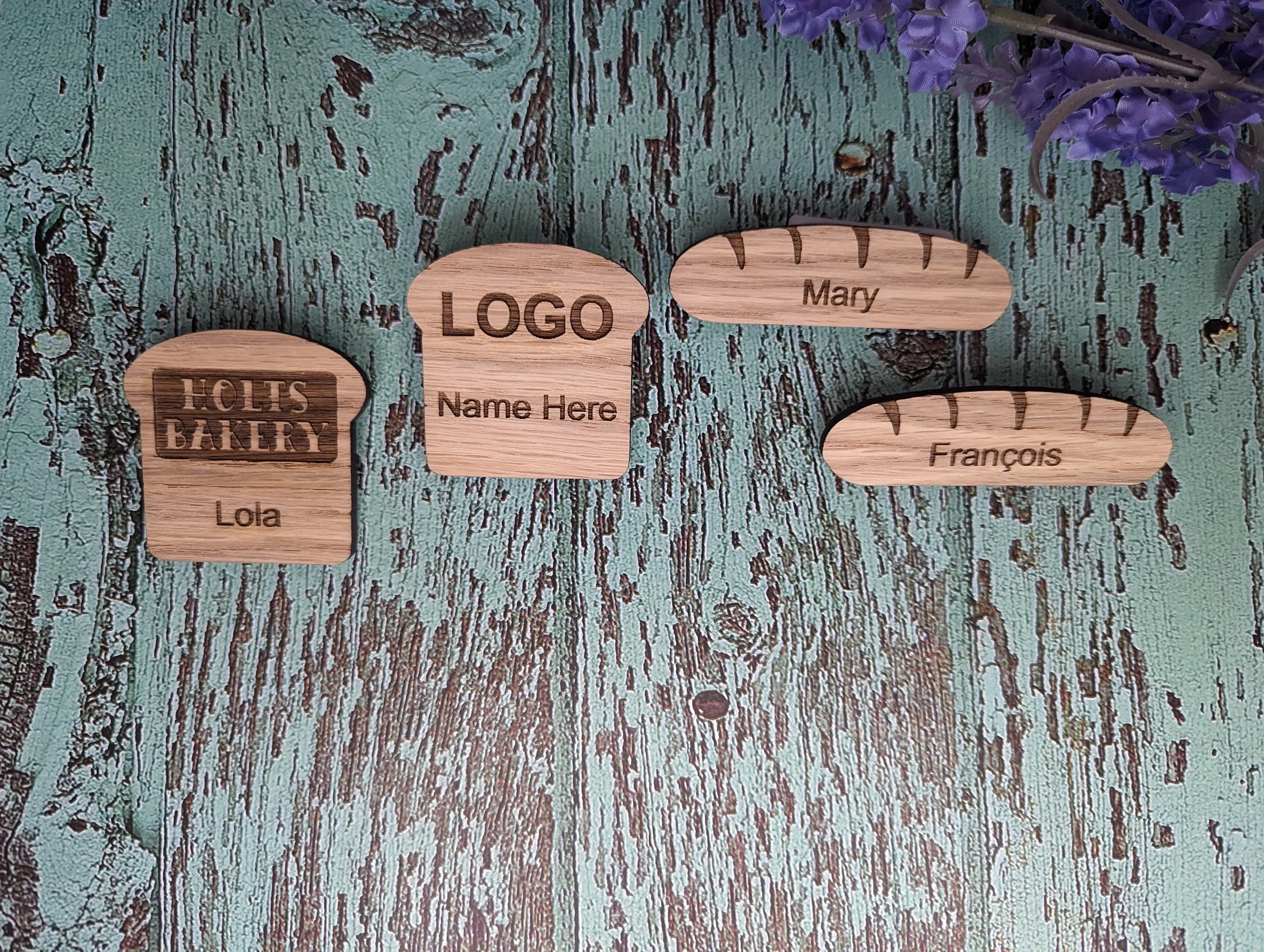 Personalised Wooden Name Badges | Custom Bakery Staff Badges | Bread Shaped Loaf Designs - Image 2