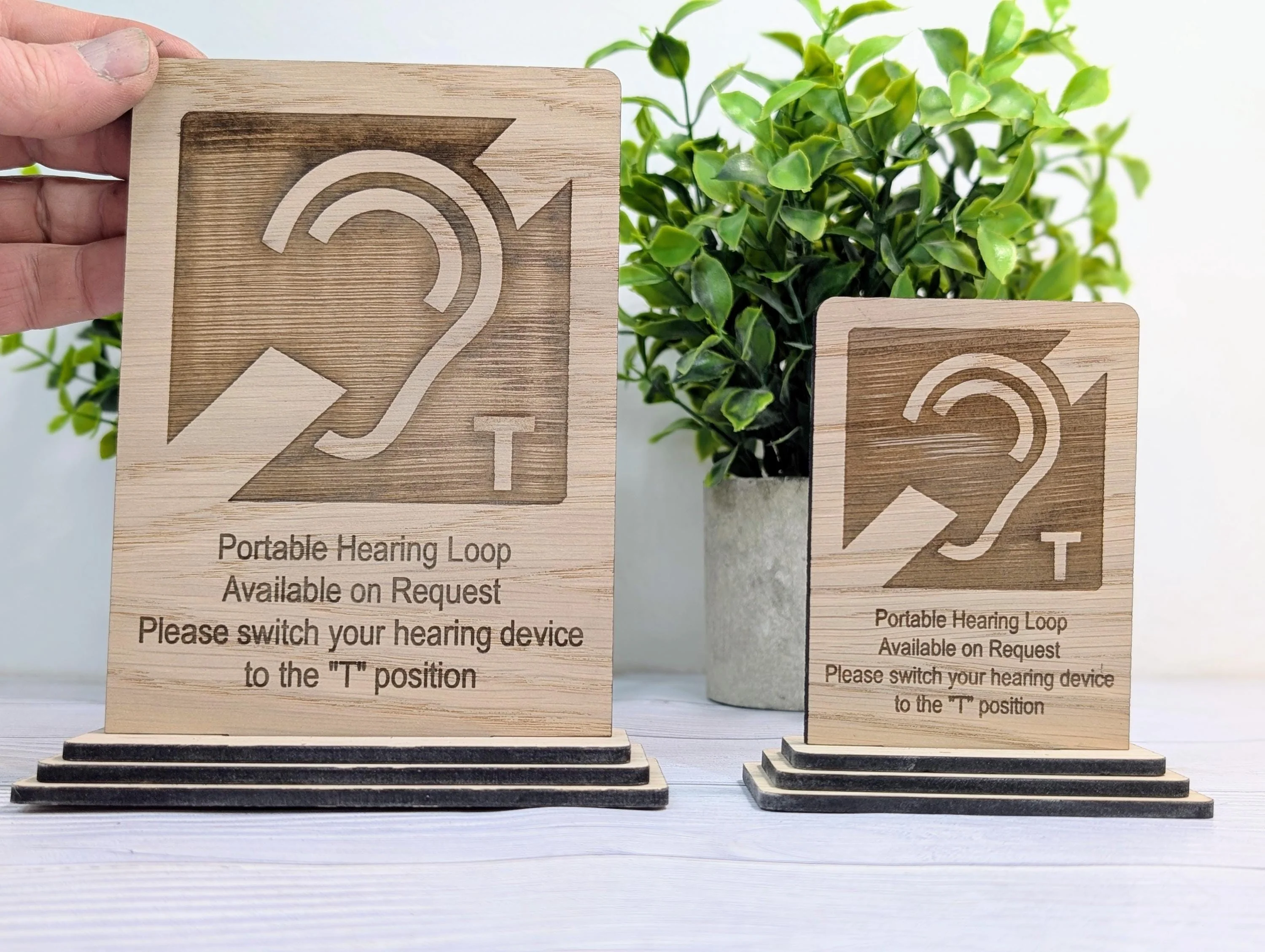 Personalised Wooden Portable Hearing Loop Sign – Freestanding Table Sign for Accessibility, Office, & Public Spaces- Two Sizes