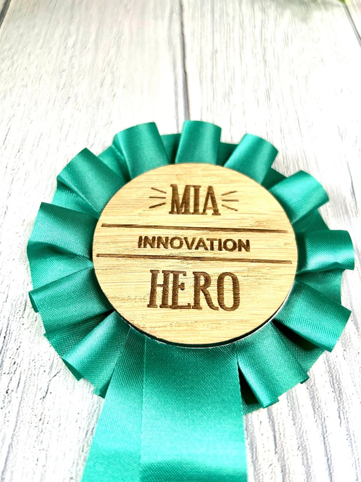 Personalised Wooden Rosettes For Staff Awards | Customised 90mm Rosette with 60mm Wooden Centre | Award Ribbon | Team Appreciation - Image 3