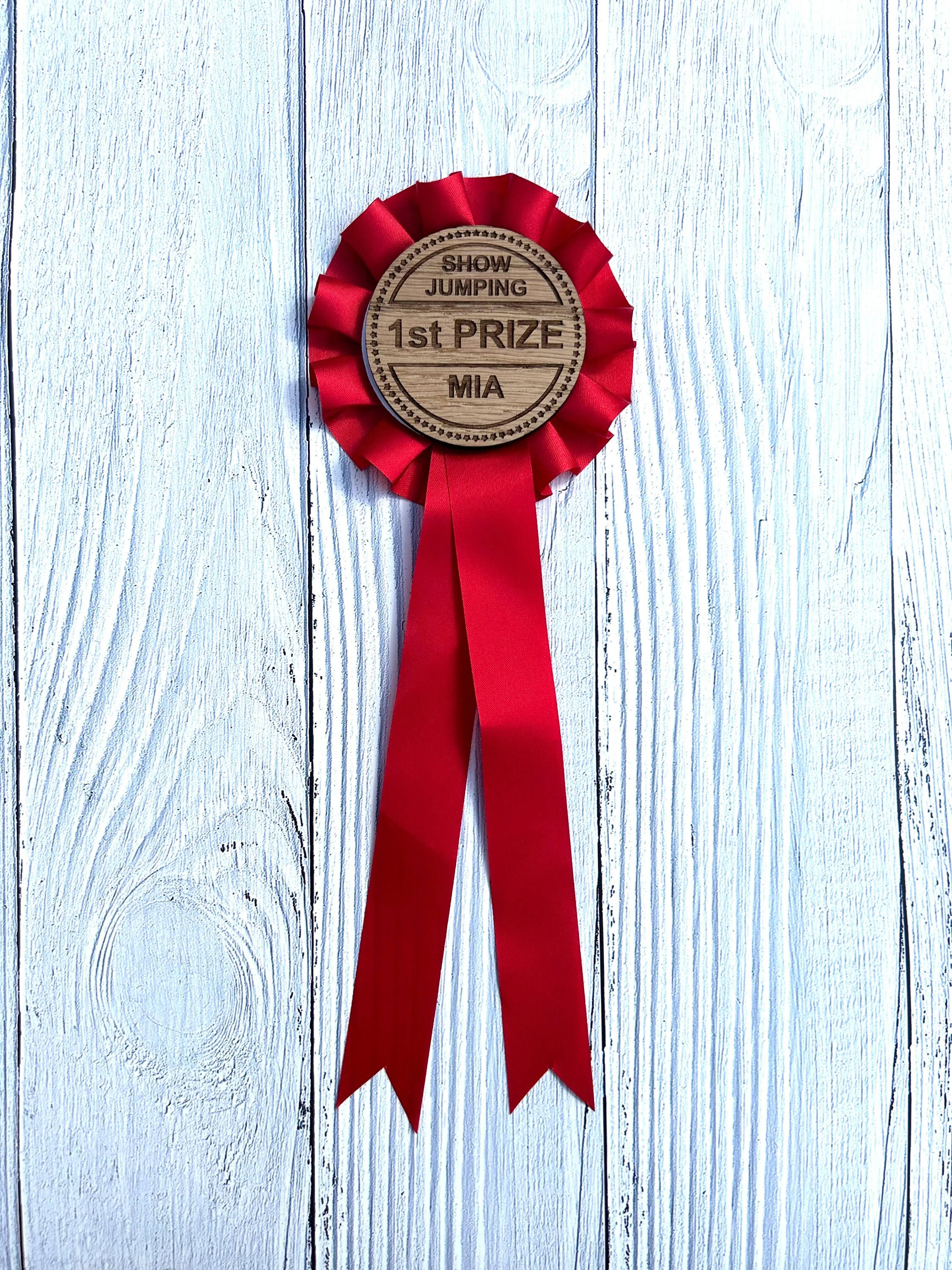 Personalised Wooden Show Jumping Rosette's | Customised Oak Rosettes in 4 Colours | Award Ribbon | Horse Riding - Image 3