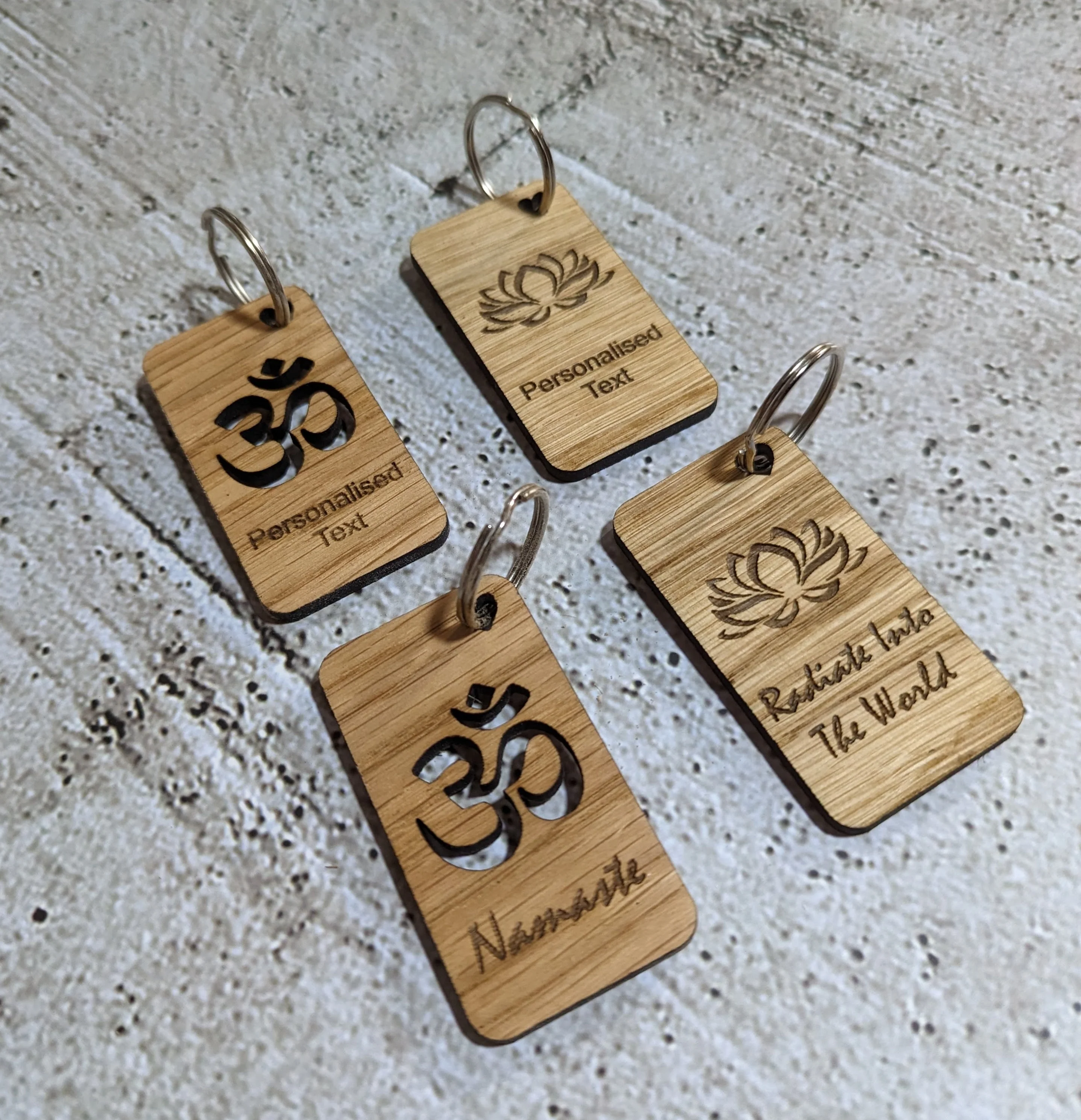 Personalised Yoga Keyrings, Engraved Wooden Lotus Flower & Namaste Keyrings