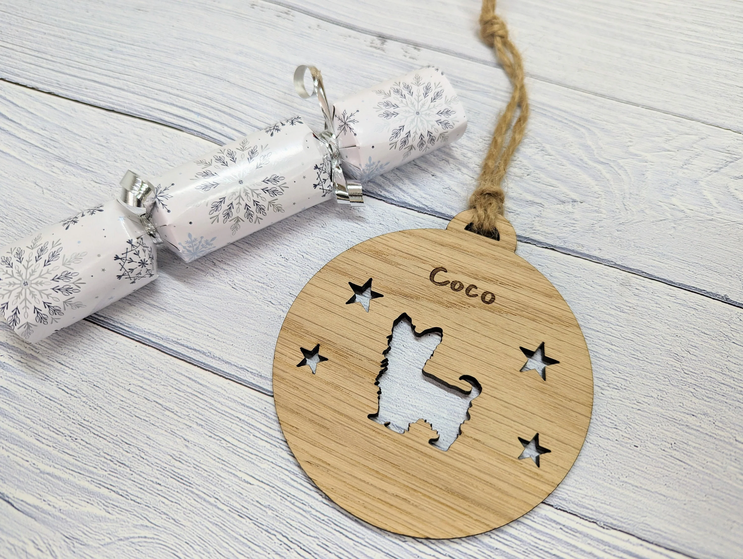 Personalised Yorkshire Terrier Christmas Bauble in Oak Veneer MDF - Rustic Jute String - Stars or Hearts Cut-Out - Yorkie Gift - Image 5