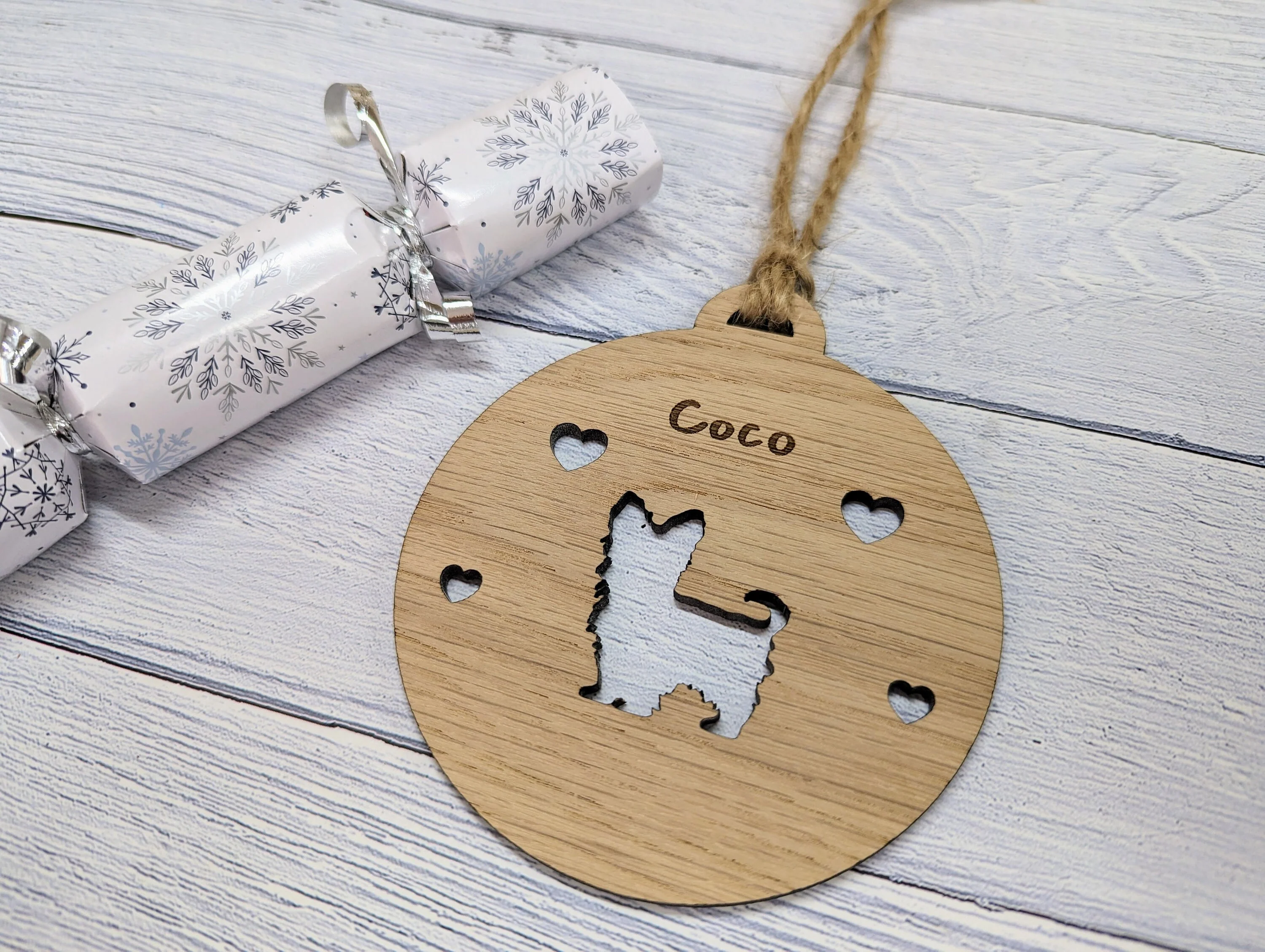 Personalised Yorkshire Terrier Christmas Bauble in Oak Veneer MDF - Rustic Jute String - Stars or Hearts Cut-Out - Yorkie Gift - Image 7