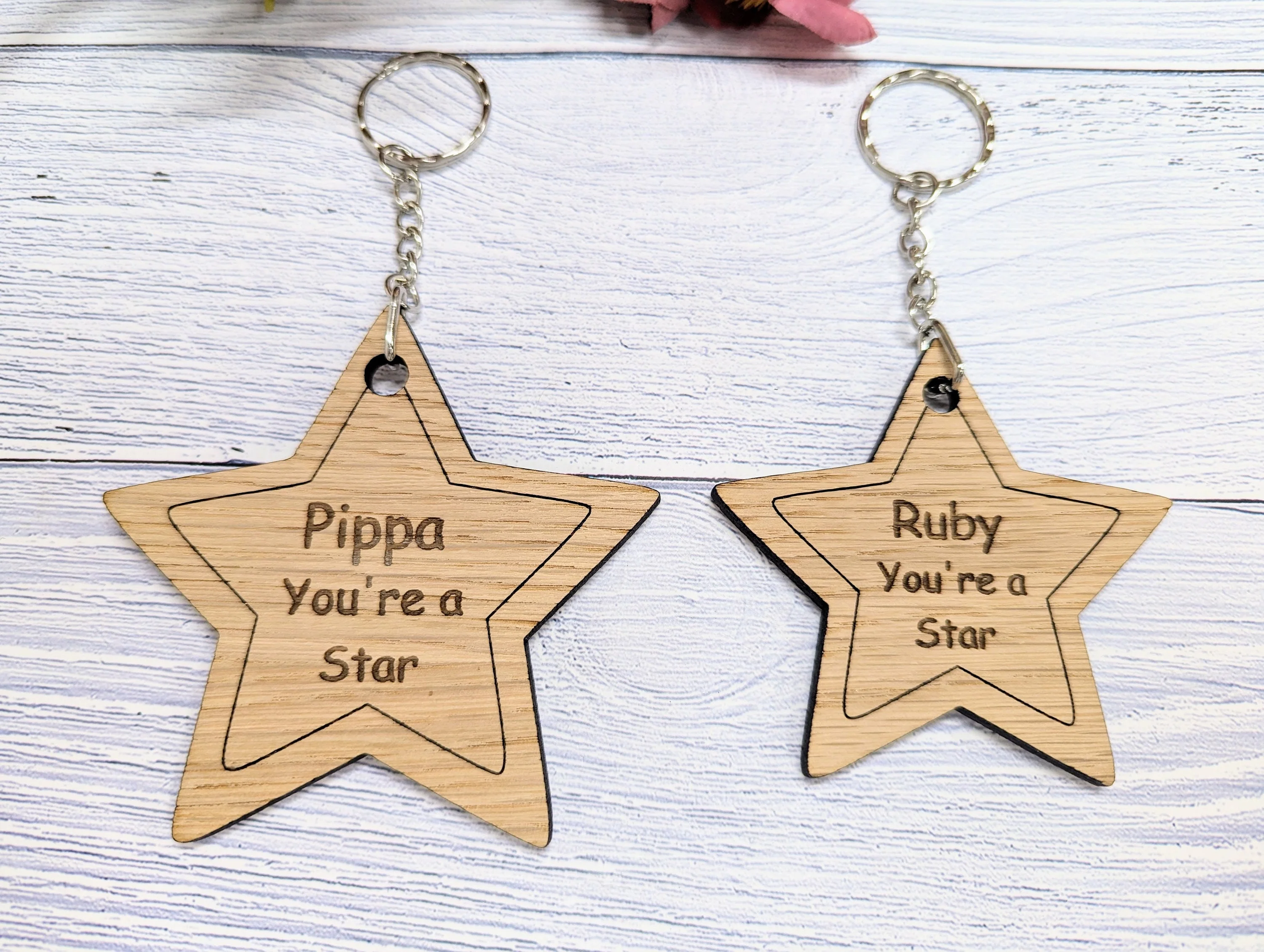 Personalised 'You're a Star' Wooden Keyring in Two Sizes - Oak Veneer - Custom Name Engraved - Ideal Gift for Students from Teachers - Image 2