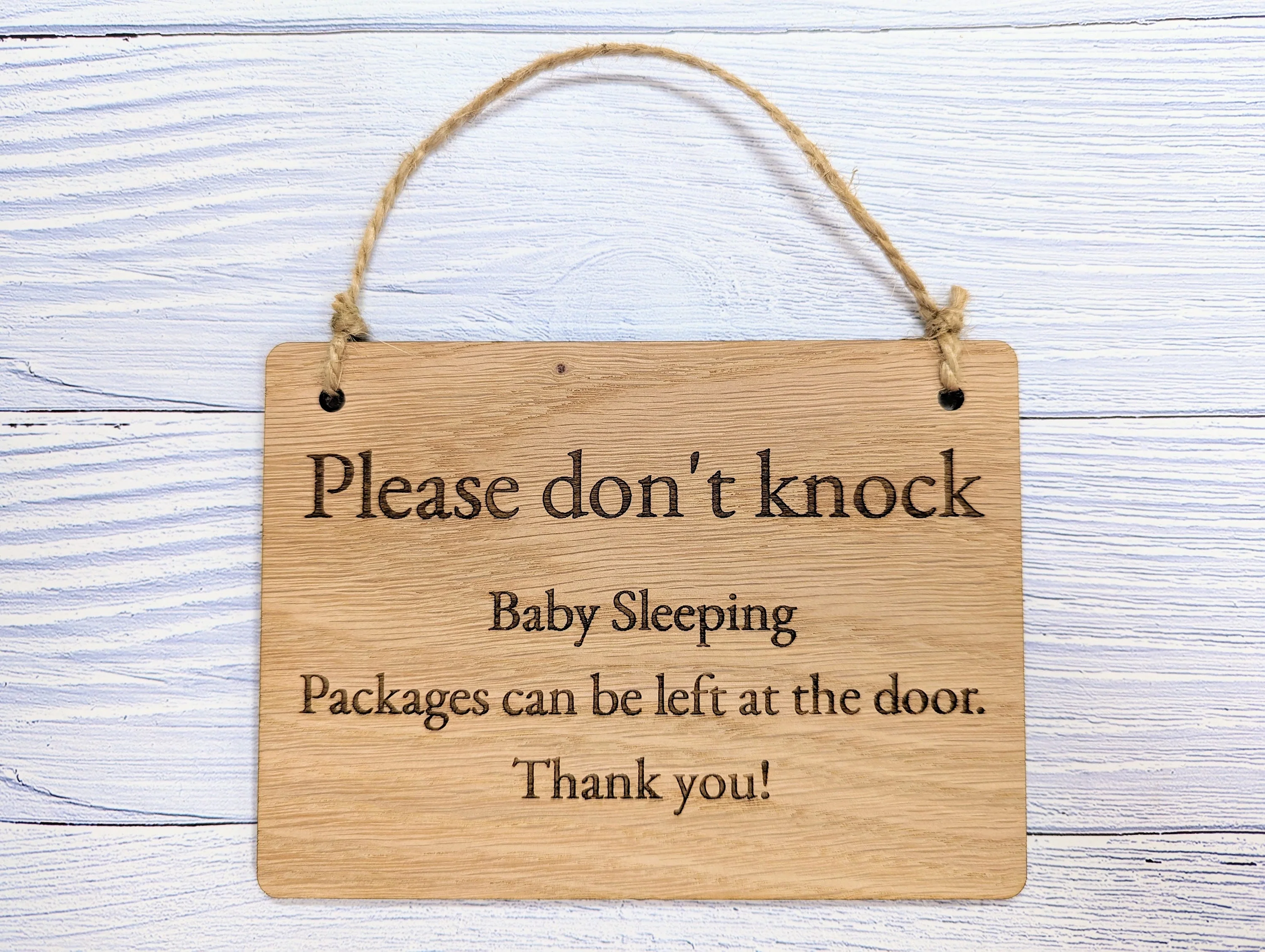 Please Don't Knock, Baby Sleeping" Wooden Sign - Ideal for Homes with Newborns, Night Shift Workers - Oak Veneered MDF - Customisable Text - Image 2