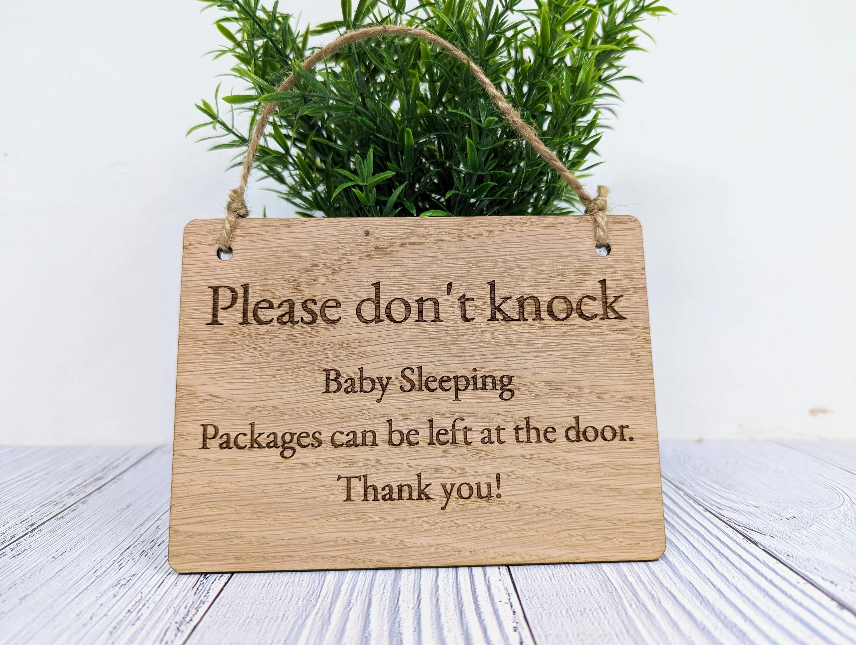 Please Don't Knock, Baby Sleeping" Wooden Sign - Ideal for Homes with Newborns, Night Shift Workers - Oak Veneered MDF - Customisable Text - Image 3