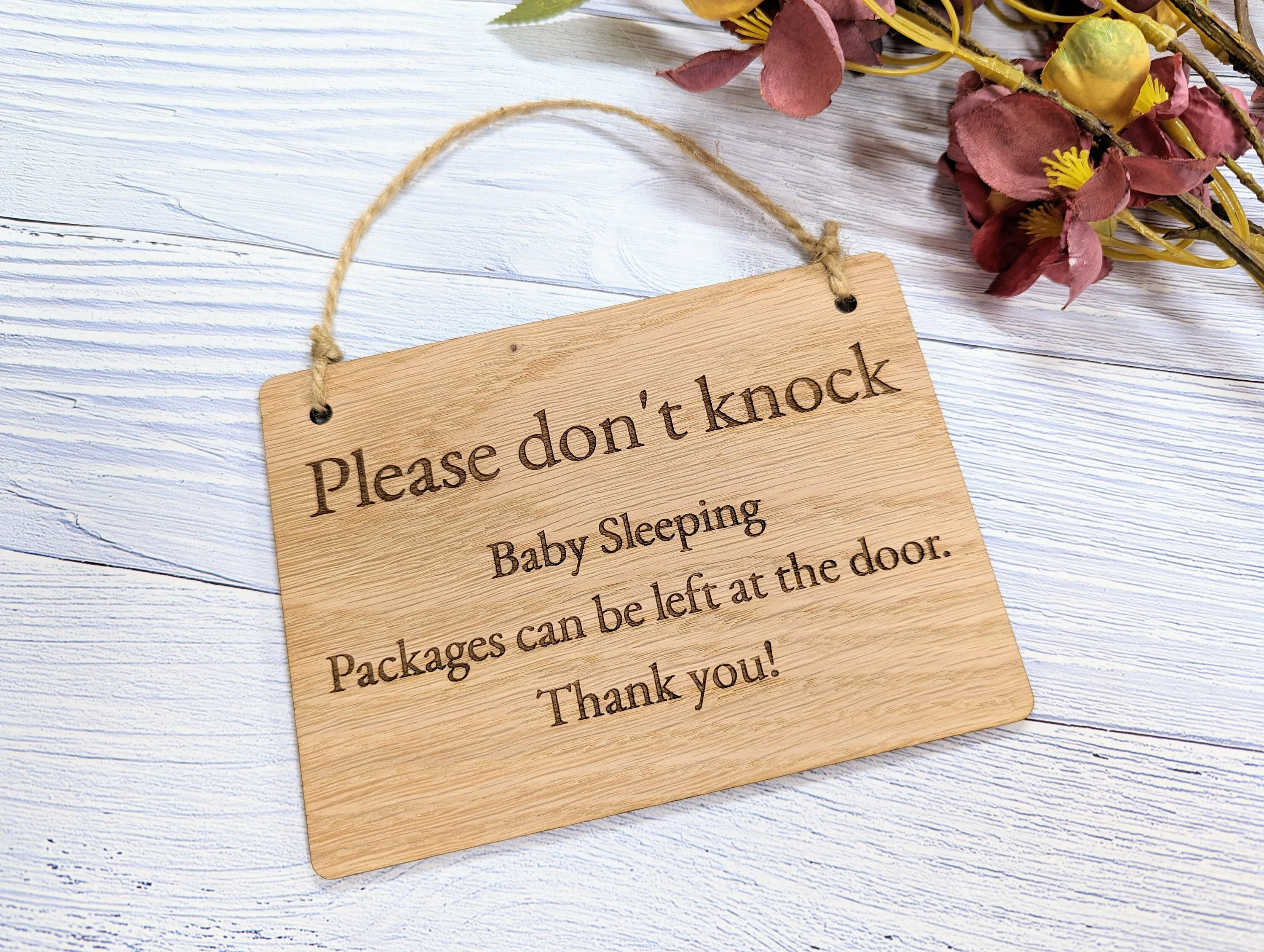 Please Don't Knock, Baby Sleeping" Wooden Sign - Ideal for Homes with Newborns, Night Shift Workers - Oak Veneered MDF - Customisable Text - Image 5