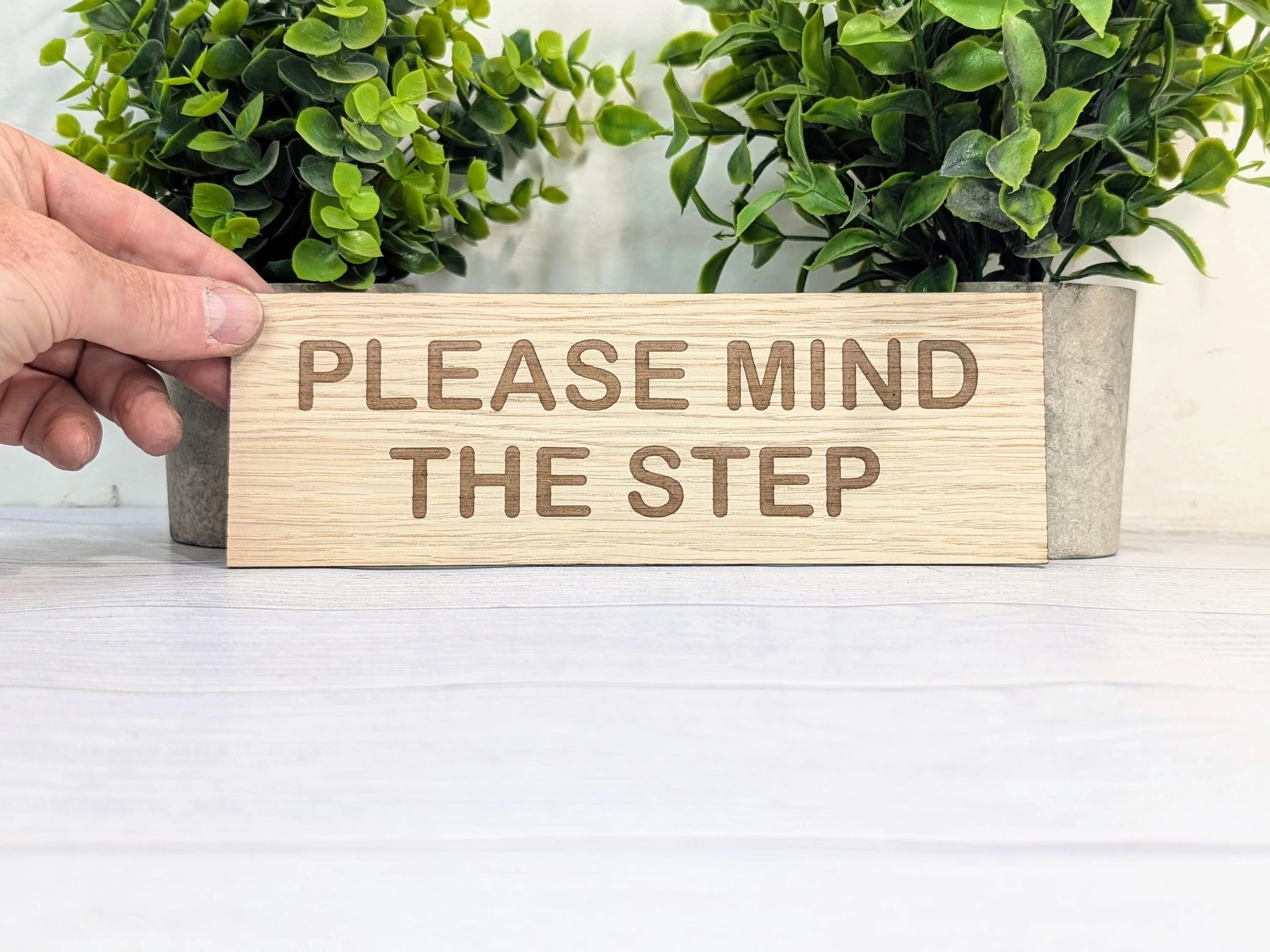 Please Mind The Step Sign – Personalised Wooden Door Sign | Custom Text Oak Veneer Wall Plaque | Private Shop Cafe Warehouse Office Signage