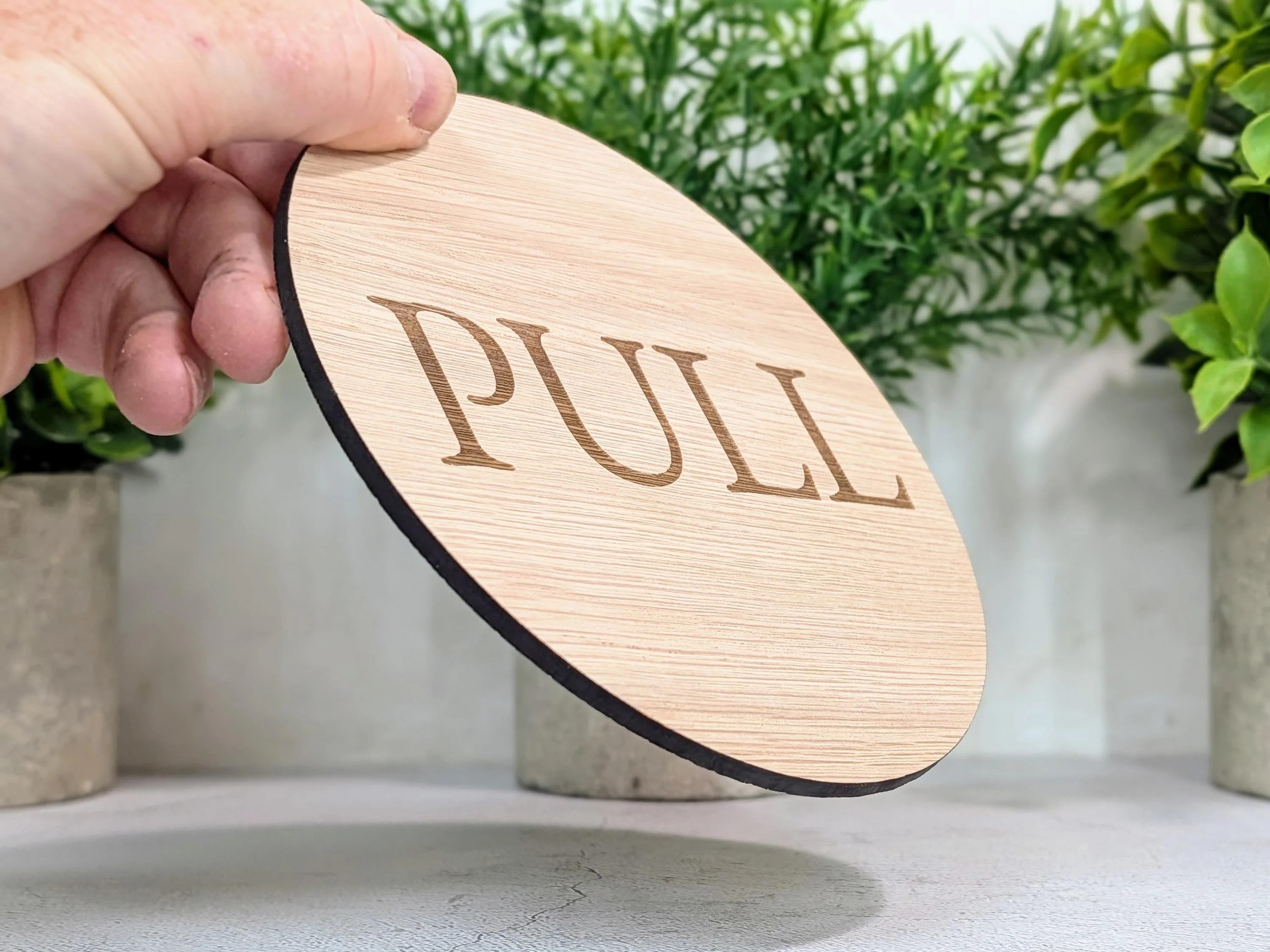 PULL Door Sign – Circular Oak Veneered Indoor Wall or Door Sign, Wooden Entry Sign, Plastic-Free Packaging, Handmade in Wales - Image 2