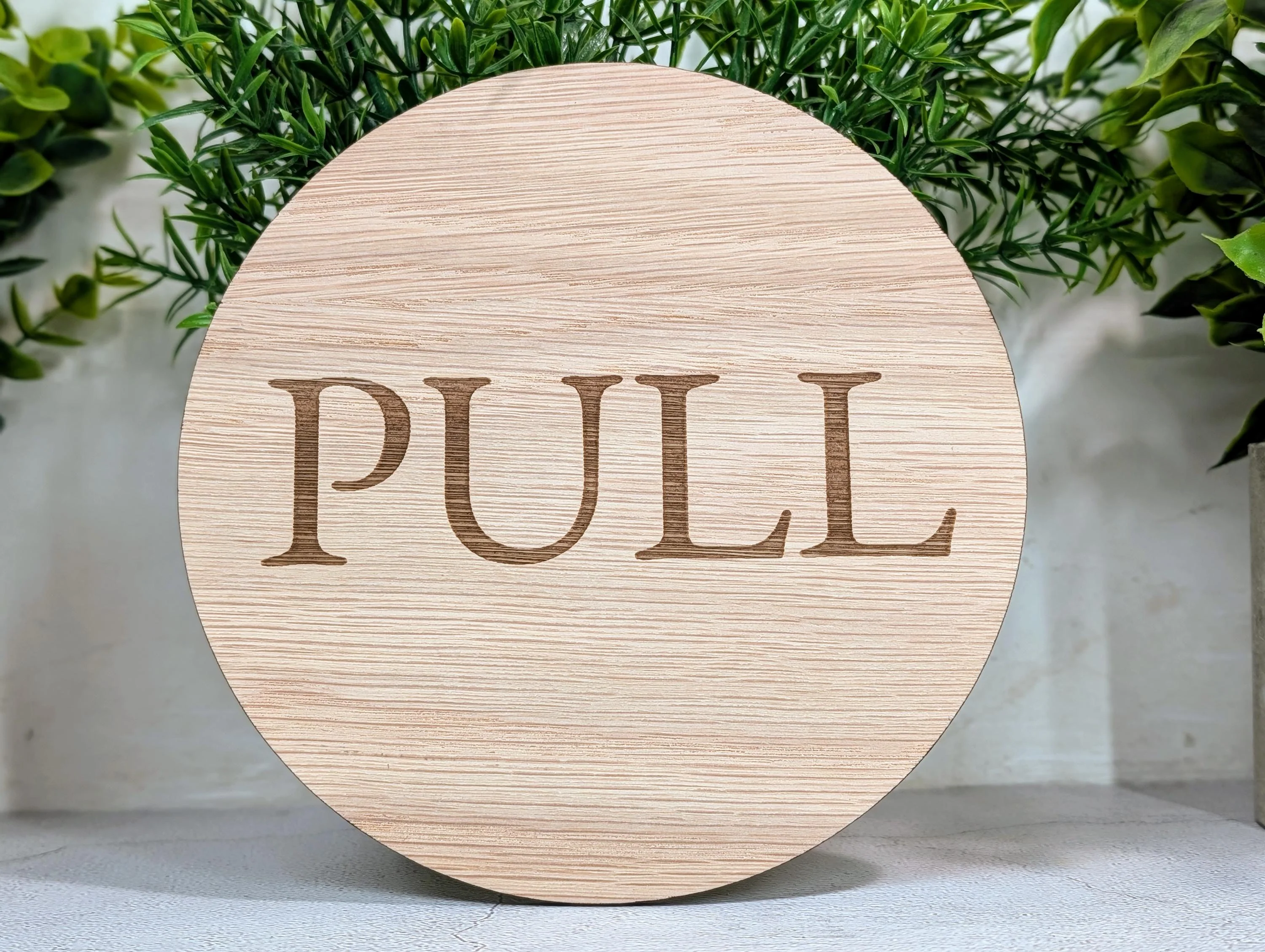 PULL Door Sign – Circular Oak Veneered Indoor Wall or Door Sign, Wooden Entry Sign, Plastic-Free Packaging, Handmade in Wales - Image 3