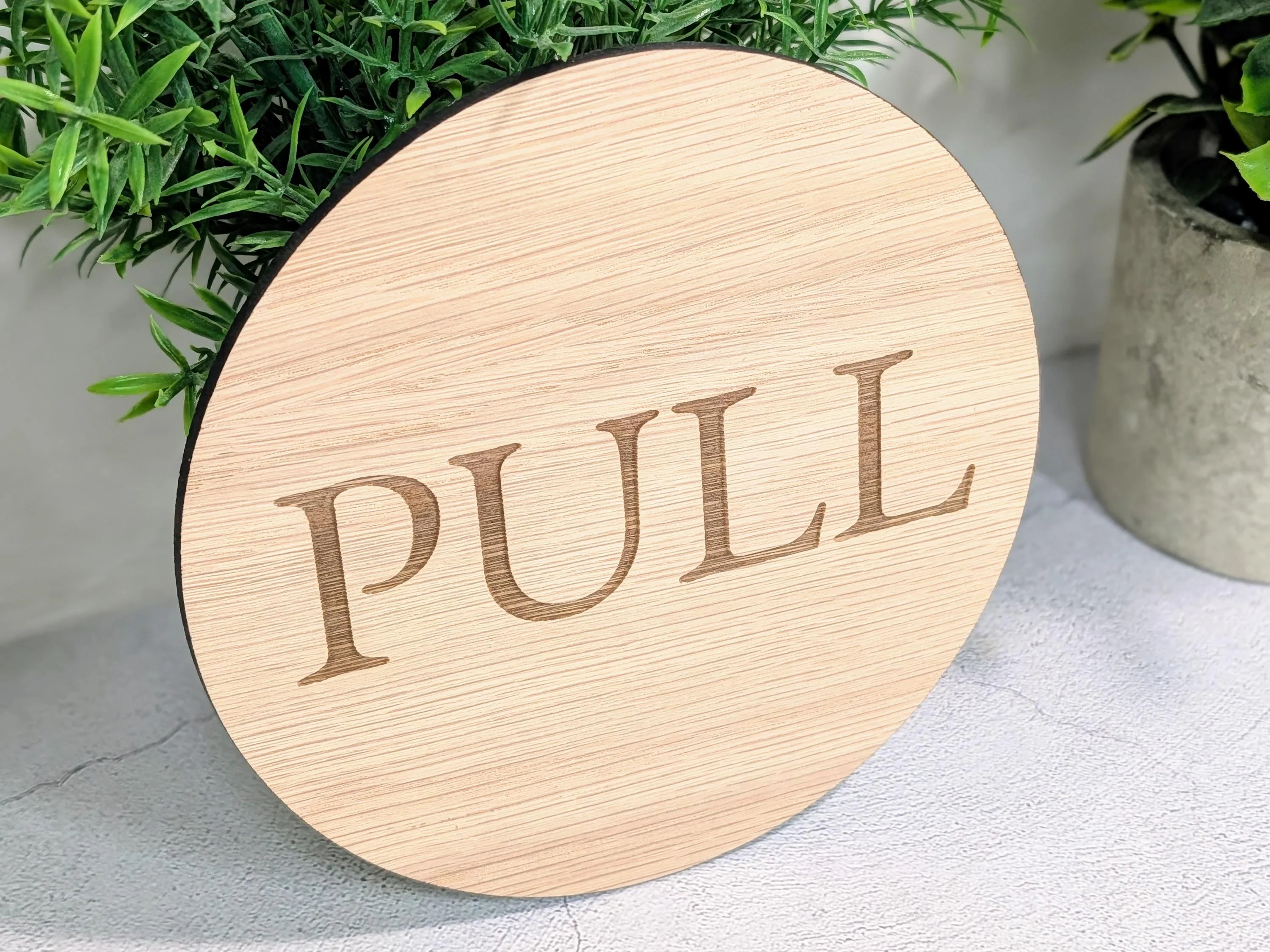 PULL Door Sign – Circular Oak Veneered Indoor Wall or Door Sign, Wooden Entry Sign, Plastic-Free Packaging, Handmade in Wales - Image 4