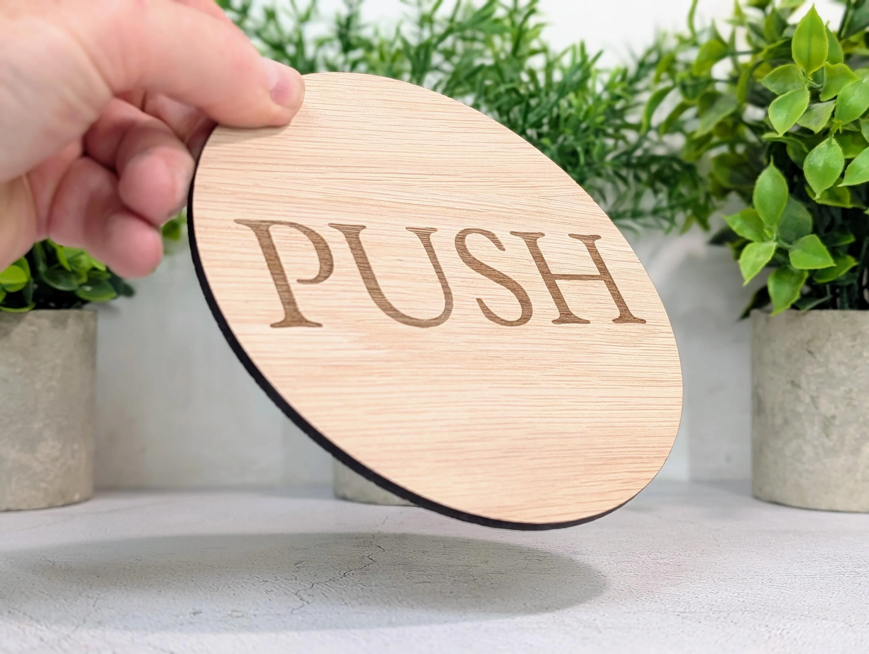 PUSH Door Sign – Circular Oak Veneered Wooden Entry Sign for Doors, Indoor Use Only, Handmade in Wales, Plastic-Free Packaging - Image 2