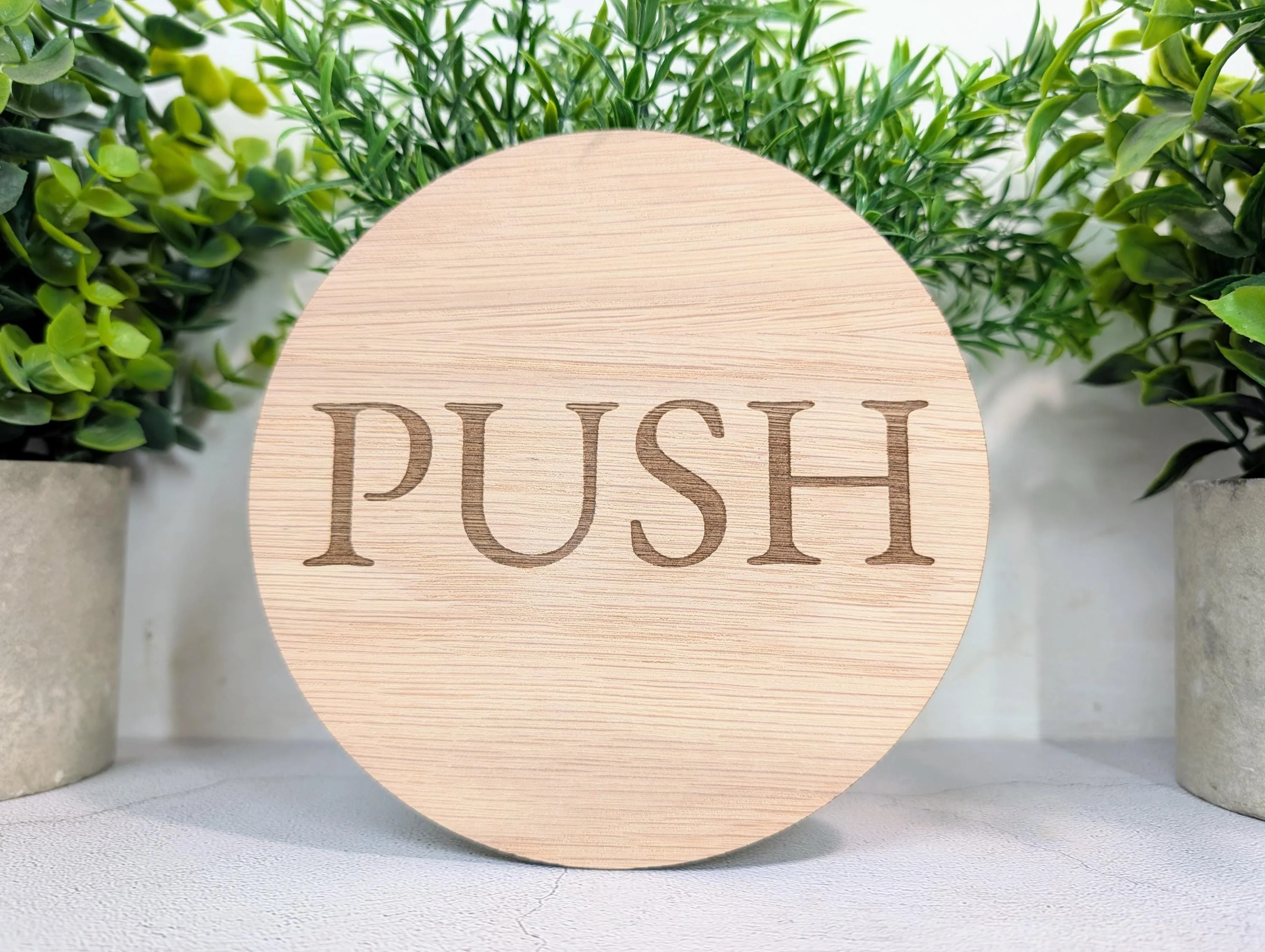 PUSH Door Sign – Circular Oak Veneered Wooden Entry Sign for Doors, Indoor Use Only, Handmade in Wales, Plastic-Free Packaging - Image 3