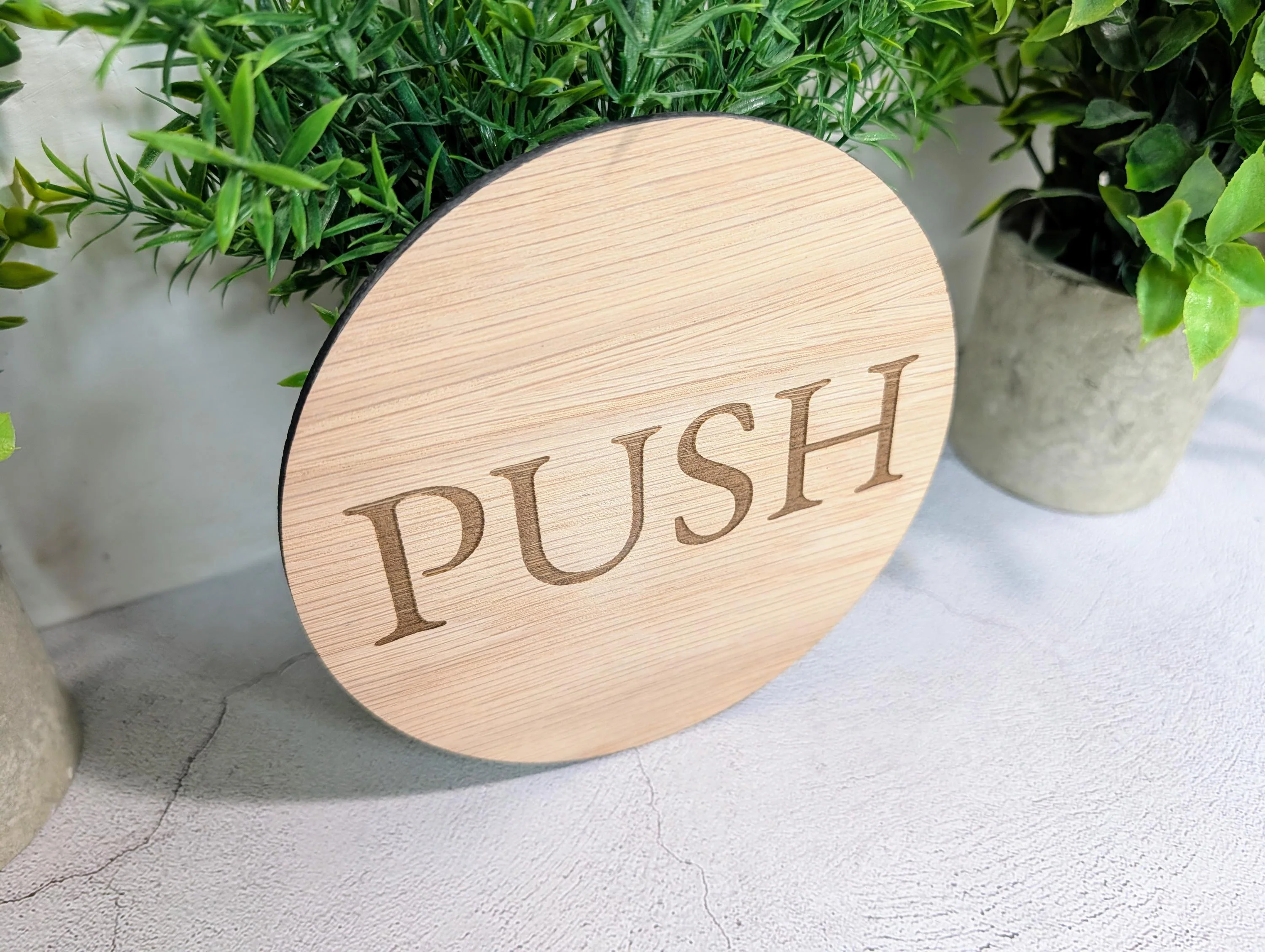 PUSH Door Sign – Circular Oak Veneered Wooden Entry Sign for Doors, Indoor Use Only, Handmade in Wales, Plastic-Free Packaging - Image 4