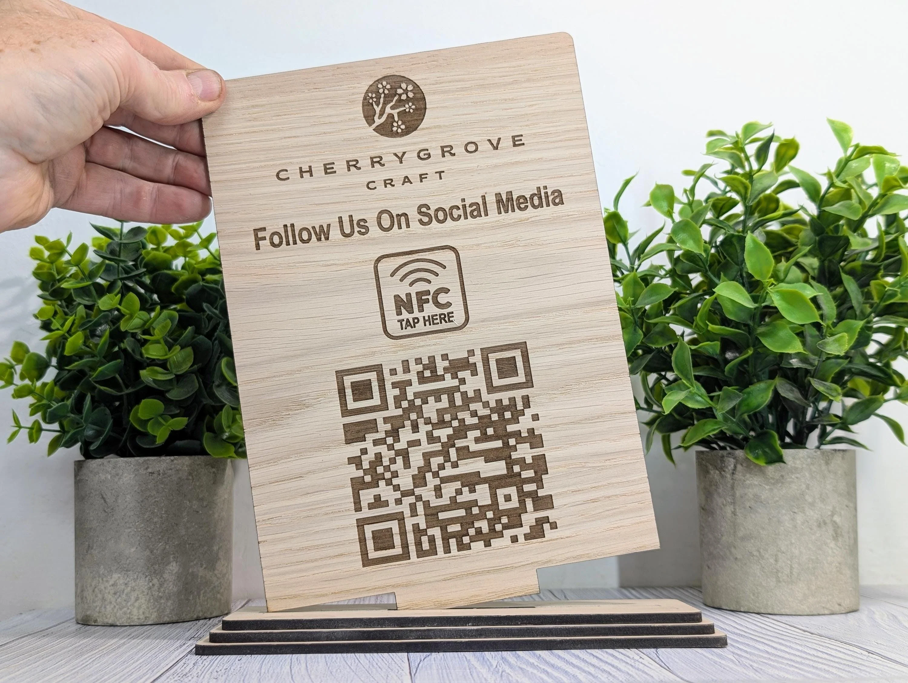 QR Code and NFC 'Follow Us on Social Media' Custom XL Wooden Table Sign, Personalised Logo & Social Media Link, Eco-Friendly, Extra Large - Image 2