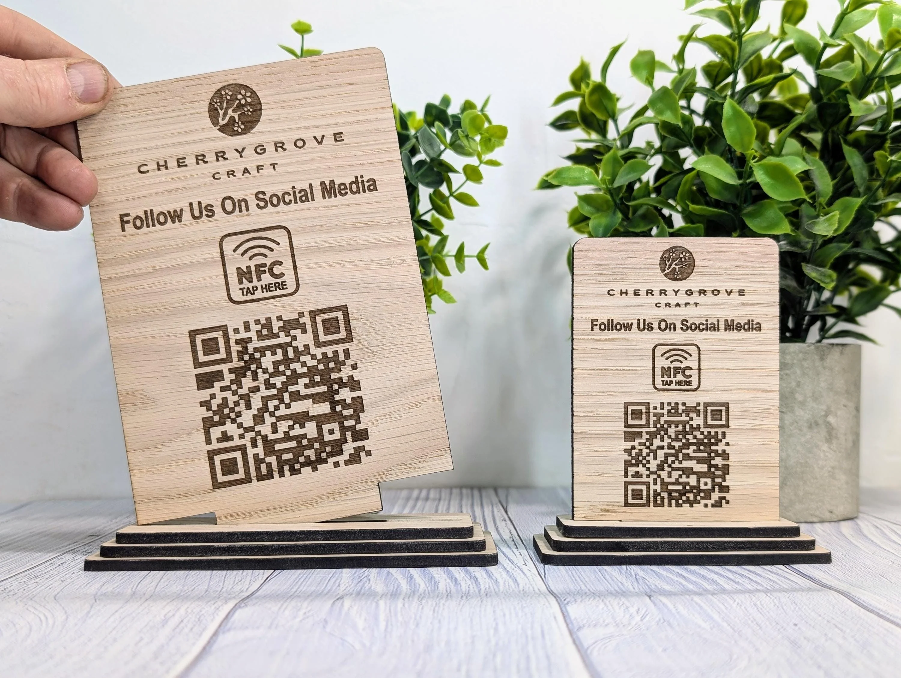 QR Code AND NFC 'Follow Us on Social Media', Tap or Scan Link, Custom Wooden Table Sign, Personalised Logo & Social Media Link, 2 Sizes - Image 2