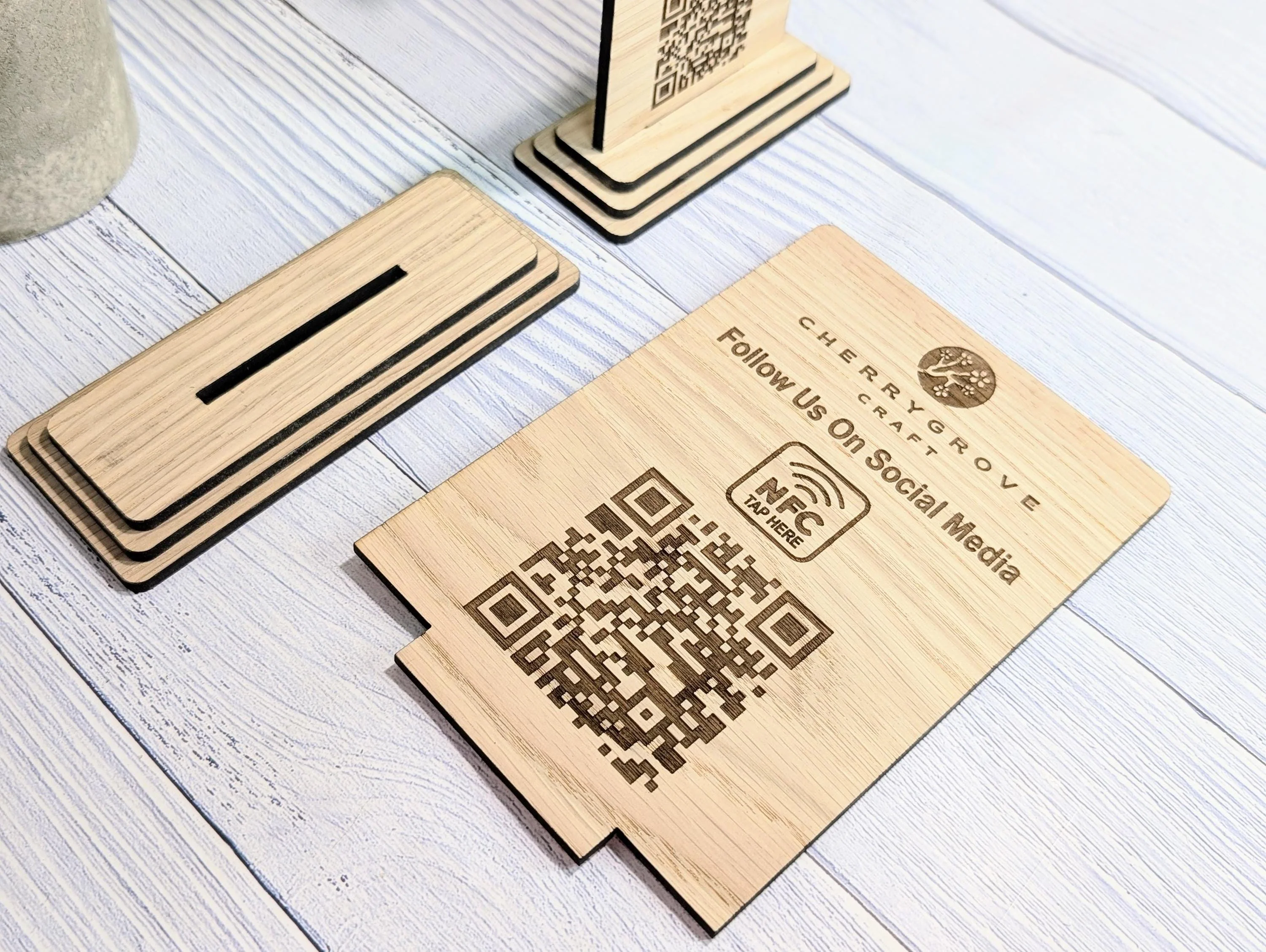QR Code AND NFC 'Follow Us on Social Media', Tap or Scan Link, Custom Wooden Table Sign, Personalised Logo & Social Media Link, 2 Sizes - Image 3
