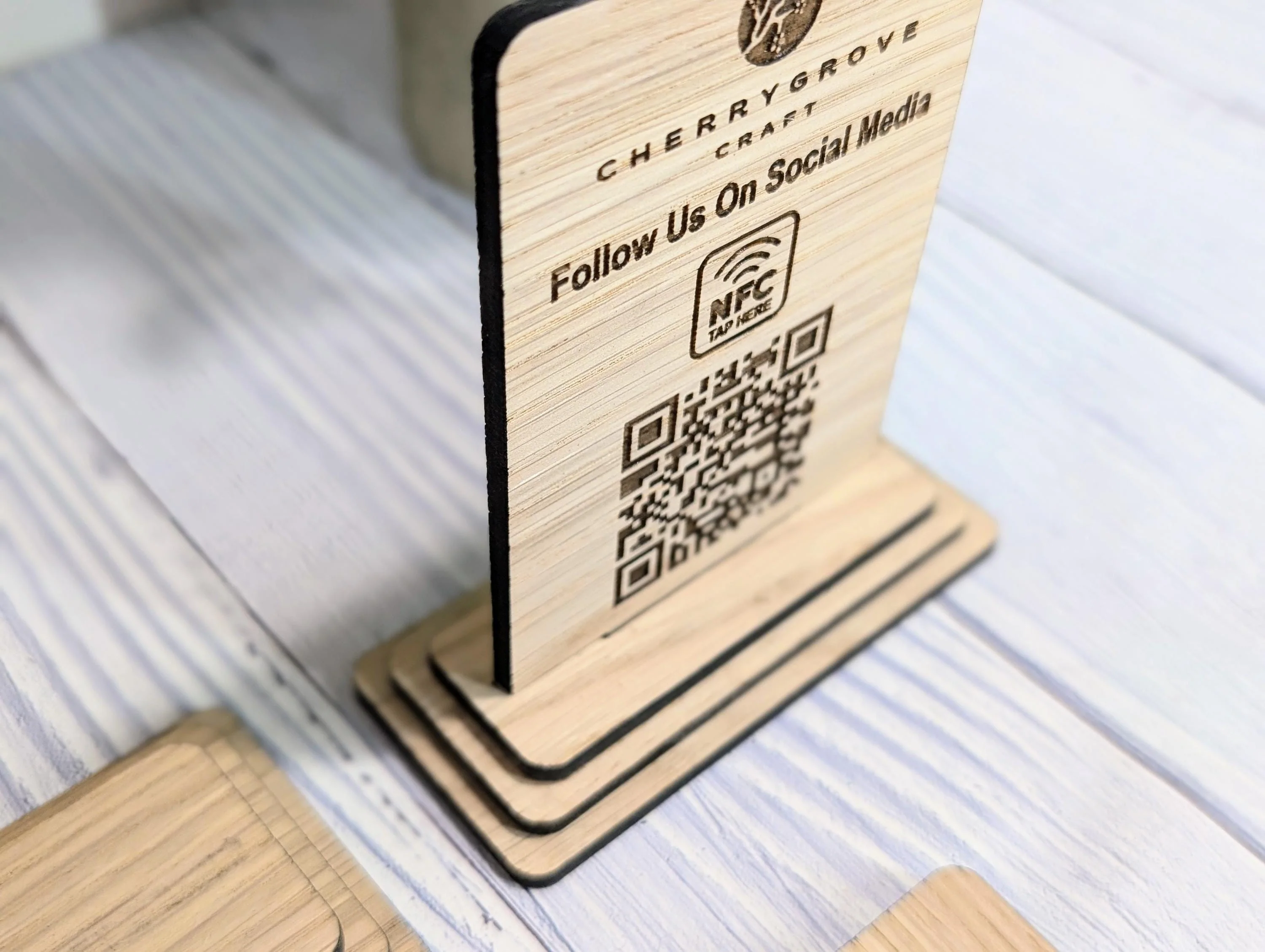 QR Code AND NFC 'Follow Us on Social Media', Tap or Scan Link, Custom Wooden Table Sign, Personalised Logo & Social Media Link, 2 Sizes - Image 4