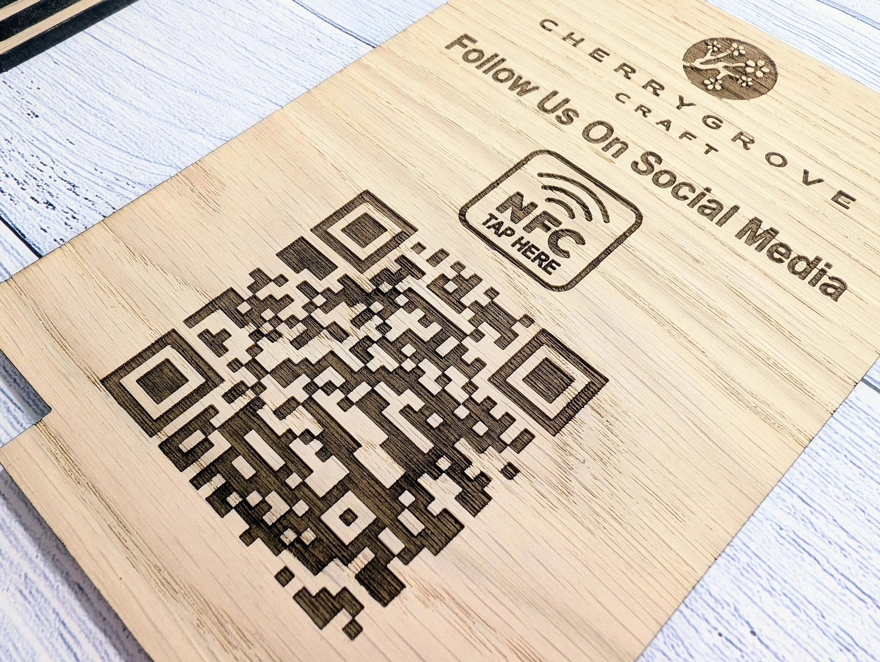 QR Code AND NFC 'Follow Us on Social Media', Tap or Scan Link, Custom Wooden Table Sign, Personalised Logo & Social Media Link, 2 Sizes - Image 7