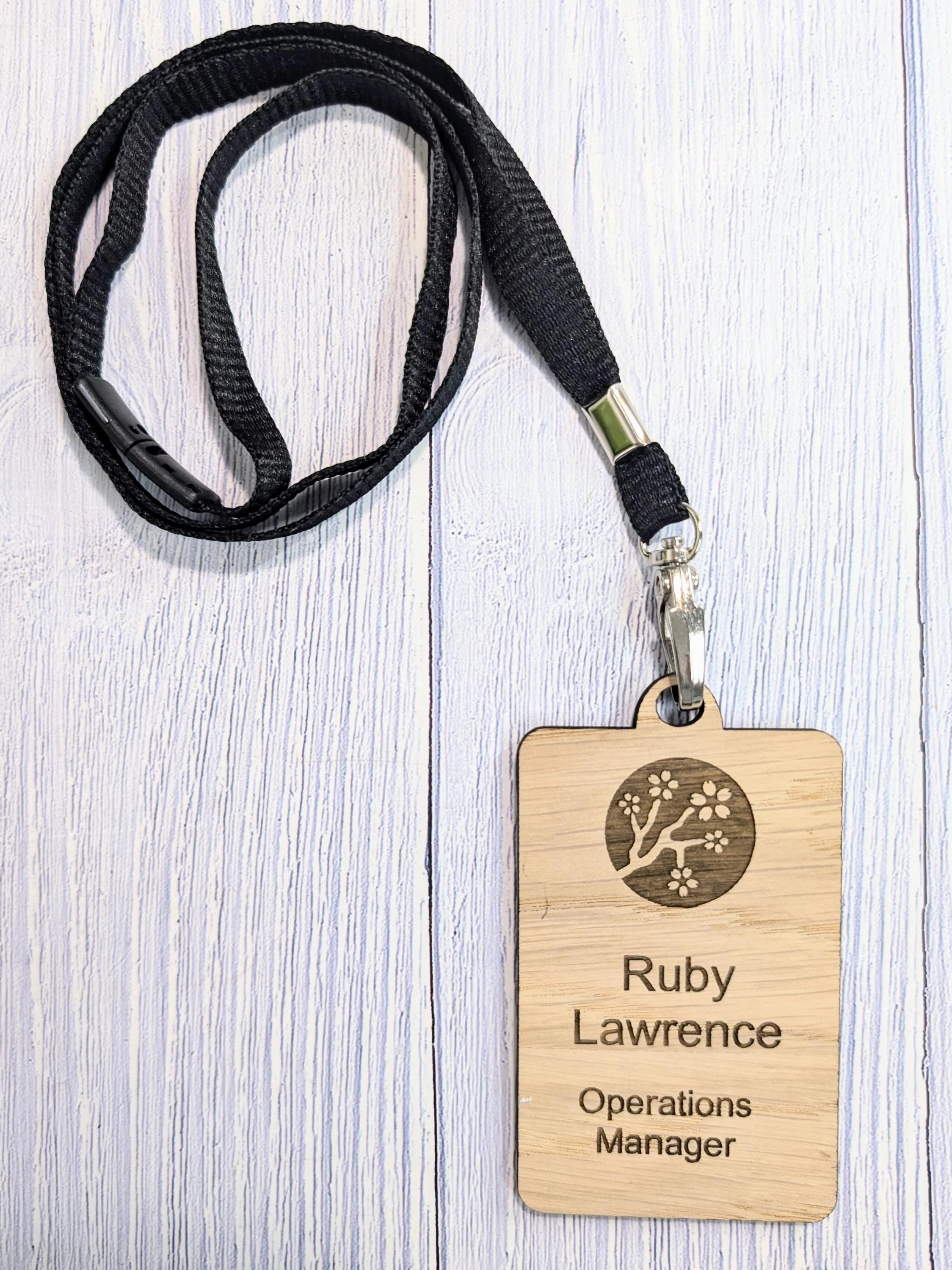 QR Code Name Badges, Double Sided, Eco Lanyards, Personalised Oak Veneer Staff Name Badges on Eco Lanyards - Custom Badges, Staff Tags, Logo - Image 3