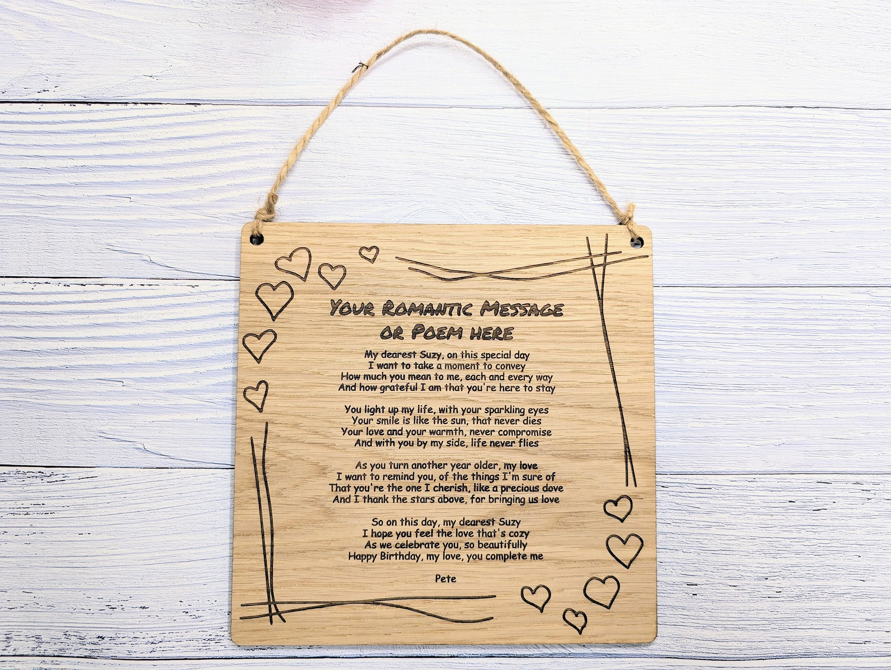 Romantic Heart Border Custom Plaque | Personalised Love Poem or Message | Oak Veneer | Perfect for Valentine's, Anniversaries | Eco-Friendly - Image 2