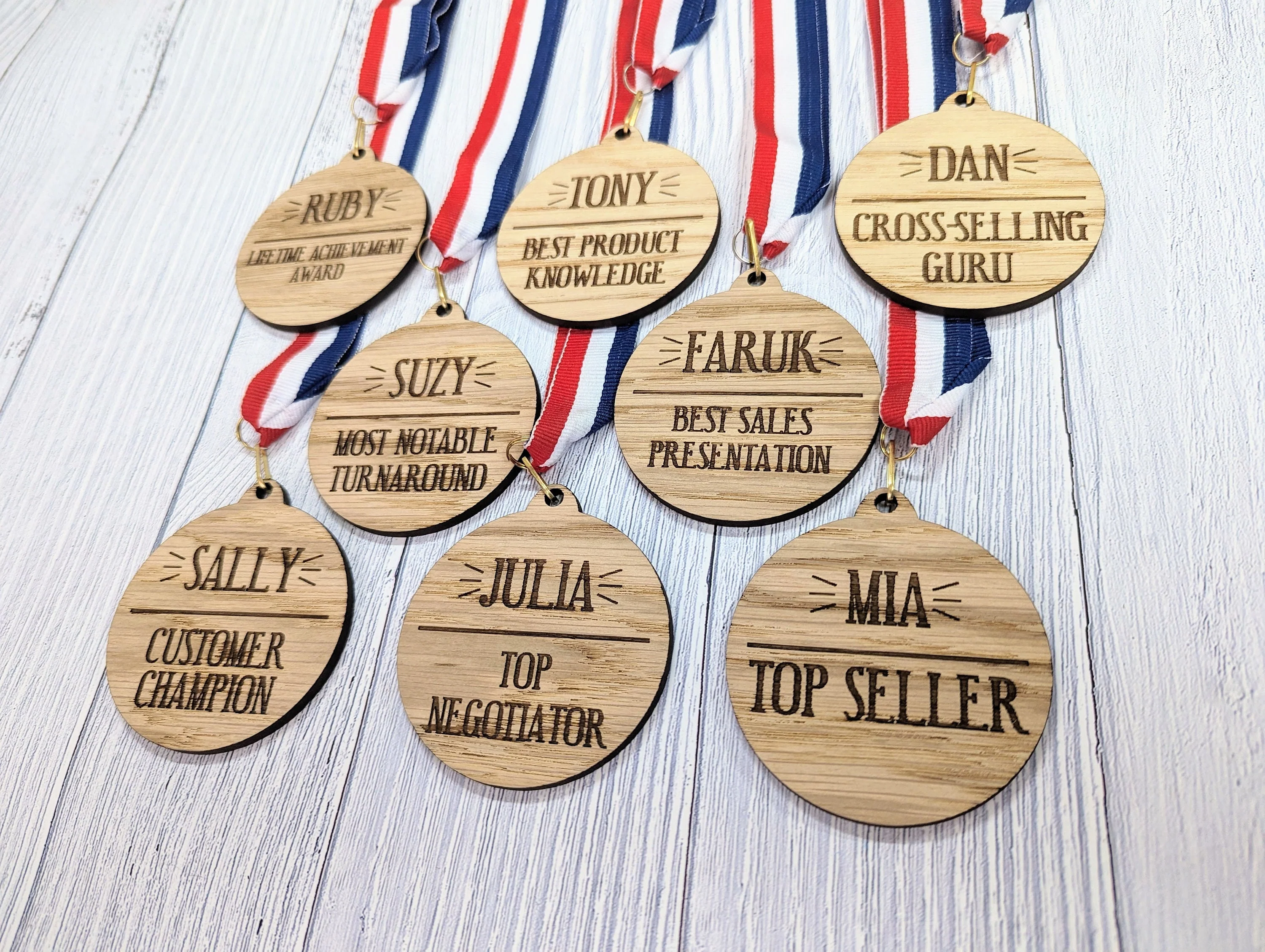 Sales Excellence Wooden Medal: Personalised Award for Motivating Sales Teams with Tri-Coloured Ribbon - Image 3