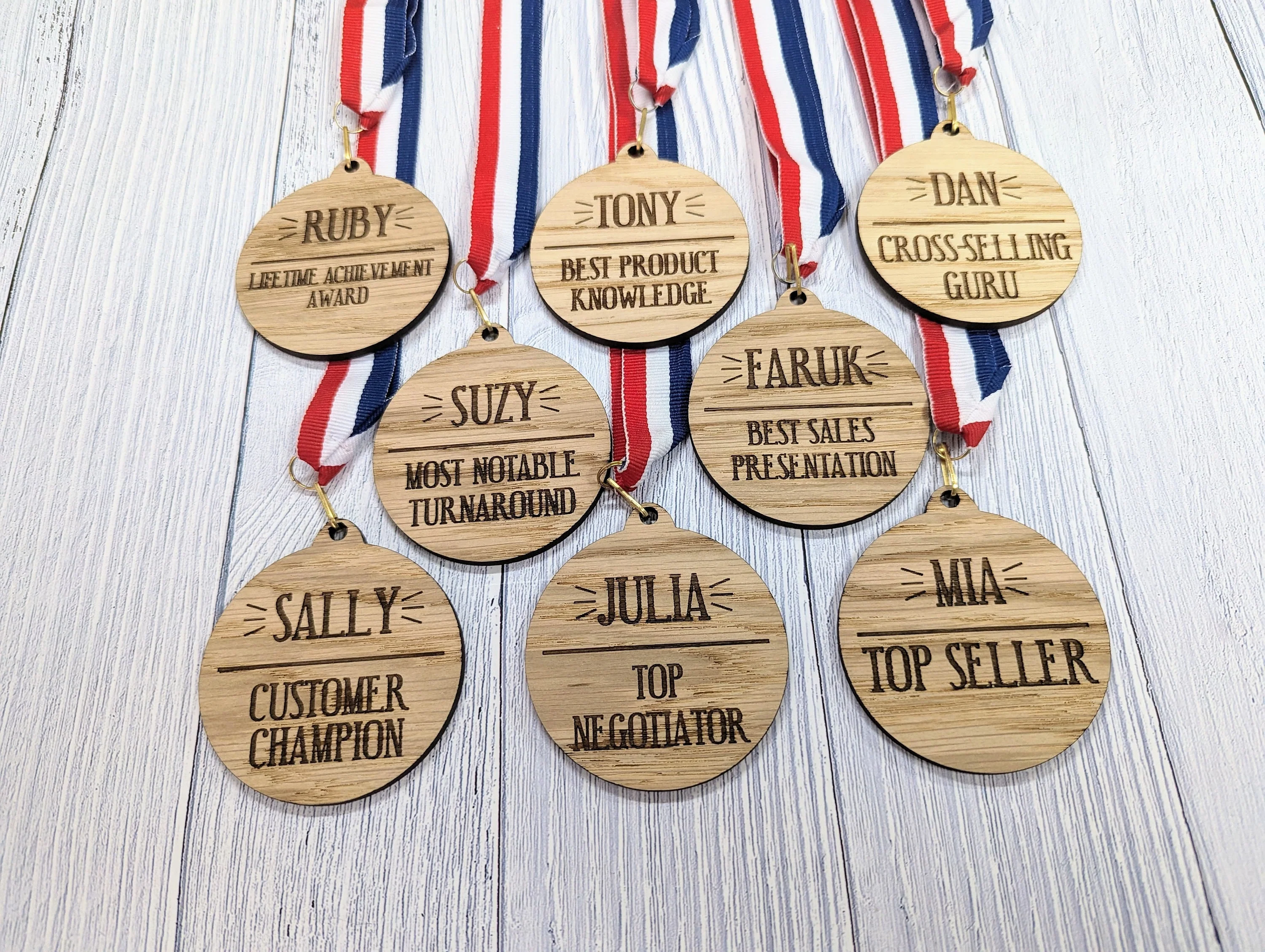 Sales Excellence Wooden Medal: Personalised Award for Motivating Sales Teams with Tri-Coloured Ribbon - Image 6
