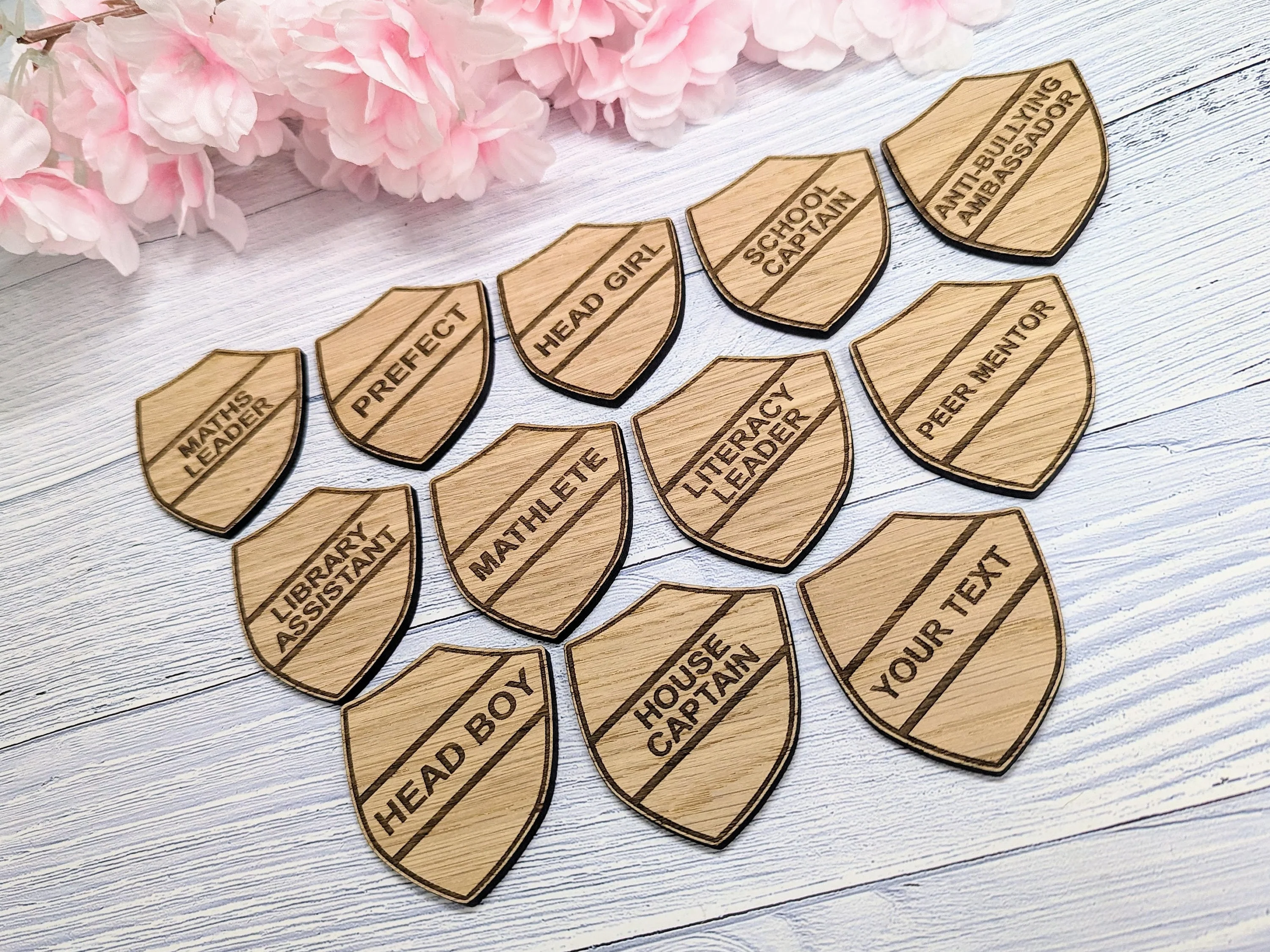 School Achievement Badges - 55x65mm - Oak Veneered MDF - Pin or Pin & Clip - Personalised or Pre-Designed Options for Students - Image 4