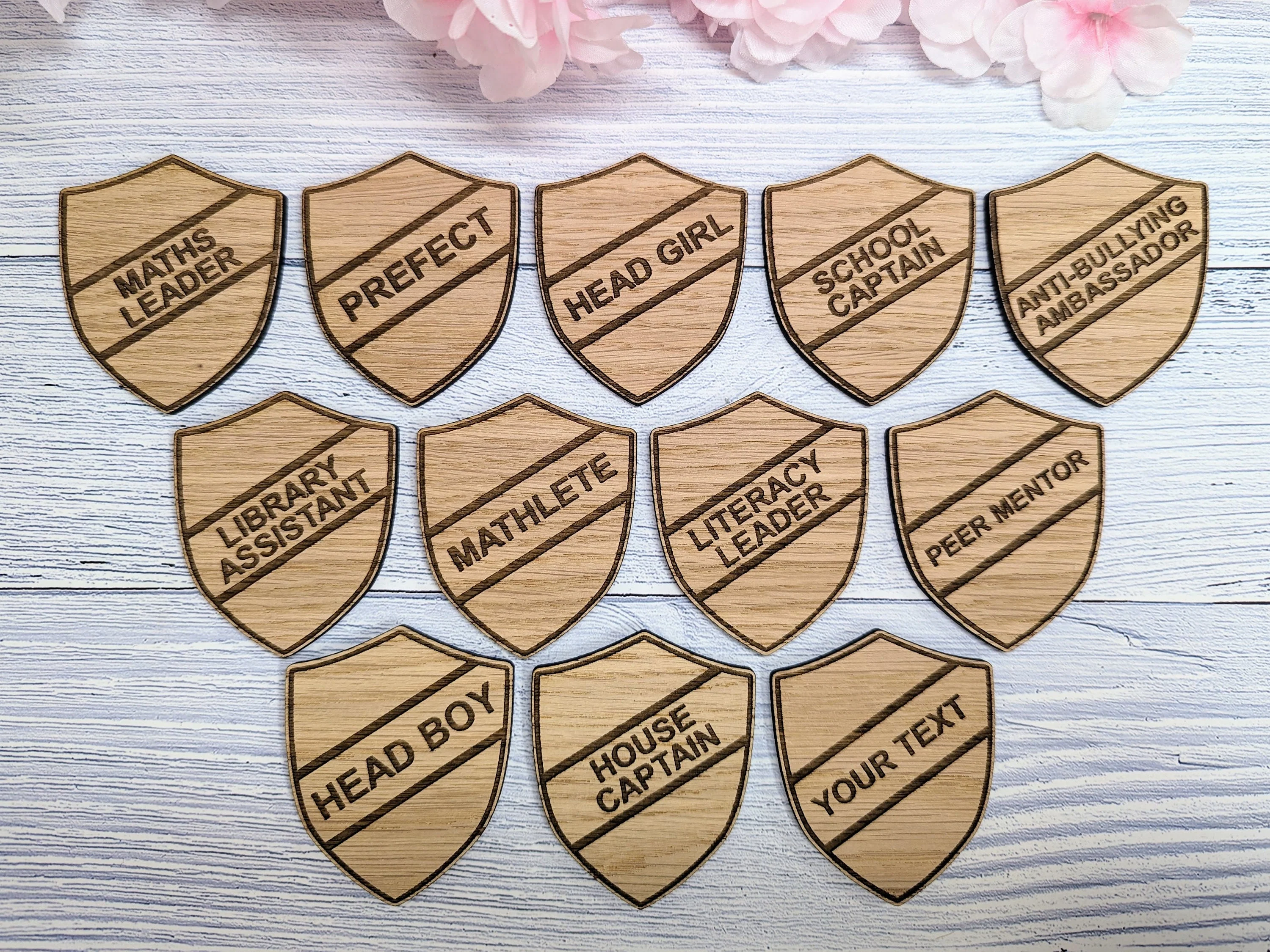 School Achievement Badges - 55x65mm - Oak Veneered MDF - Pin or Pin & Clip - Personalised or Pre-Designed Options for Students - Image 7