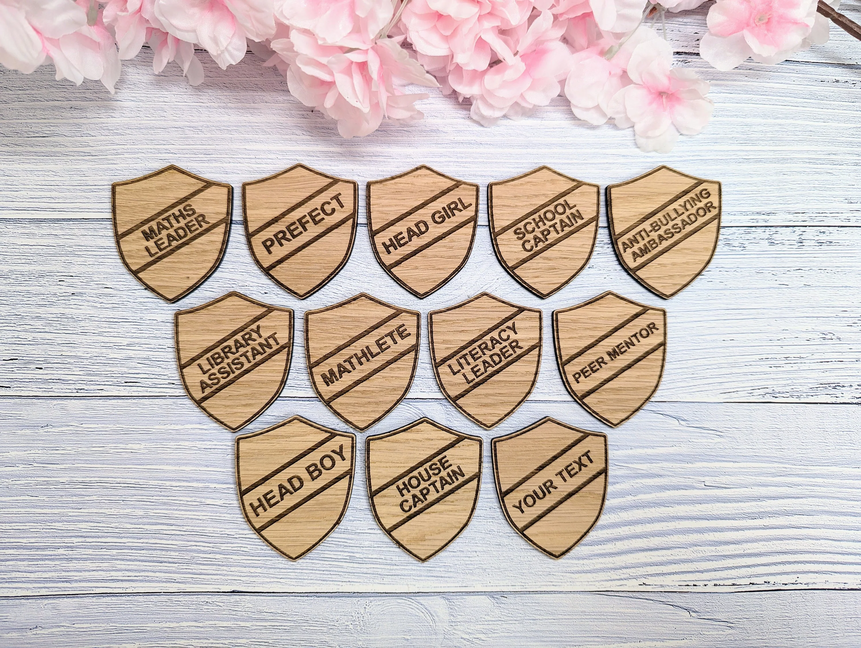 School Achievement Badges - 55x65mm - Oak Veneered MDF - Pin or Pin & Clip - Personalised or Pre-Designed Options for Students - Image 9