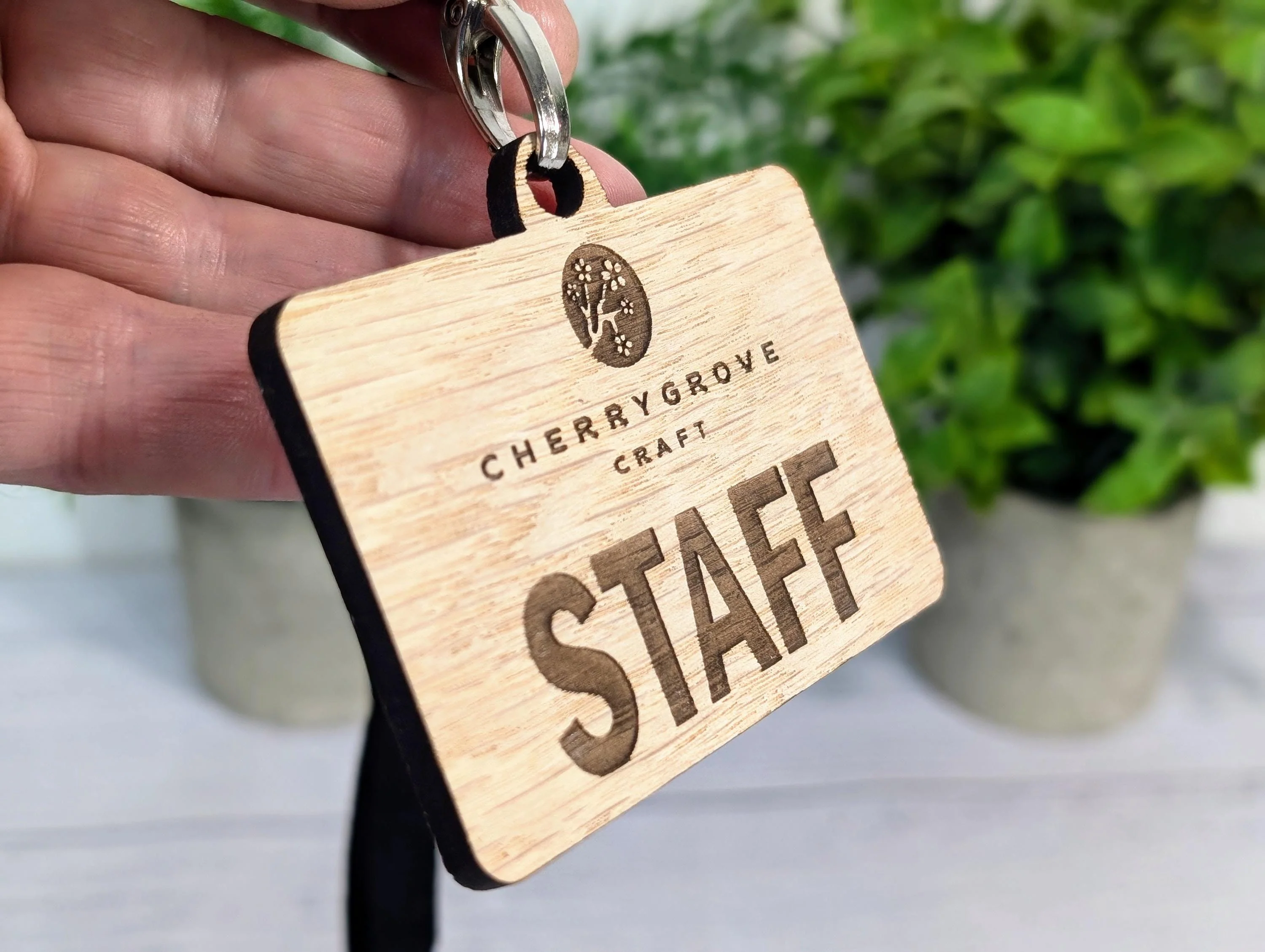 School Staff Badges with Lanyards, Personalised Slogan Oak Veneer Badges on Eco Lanyards - Image 3