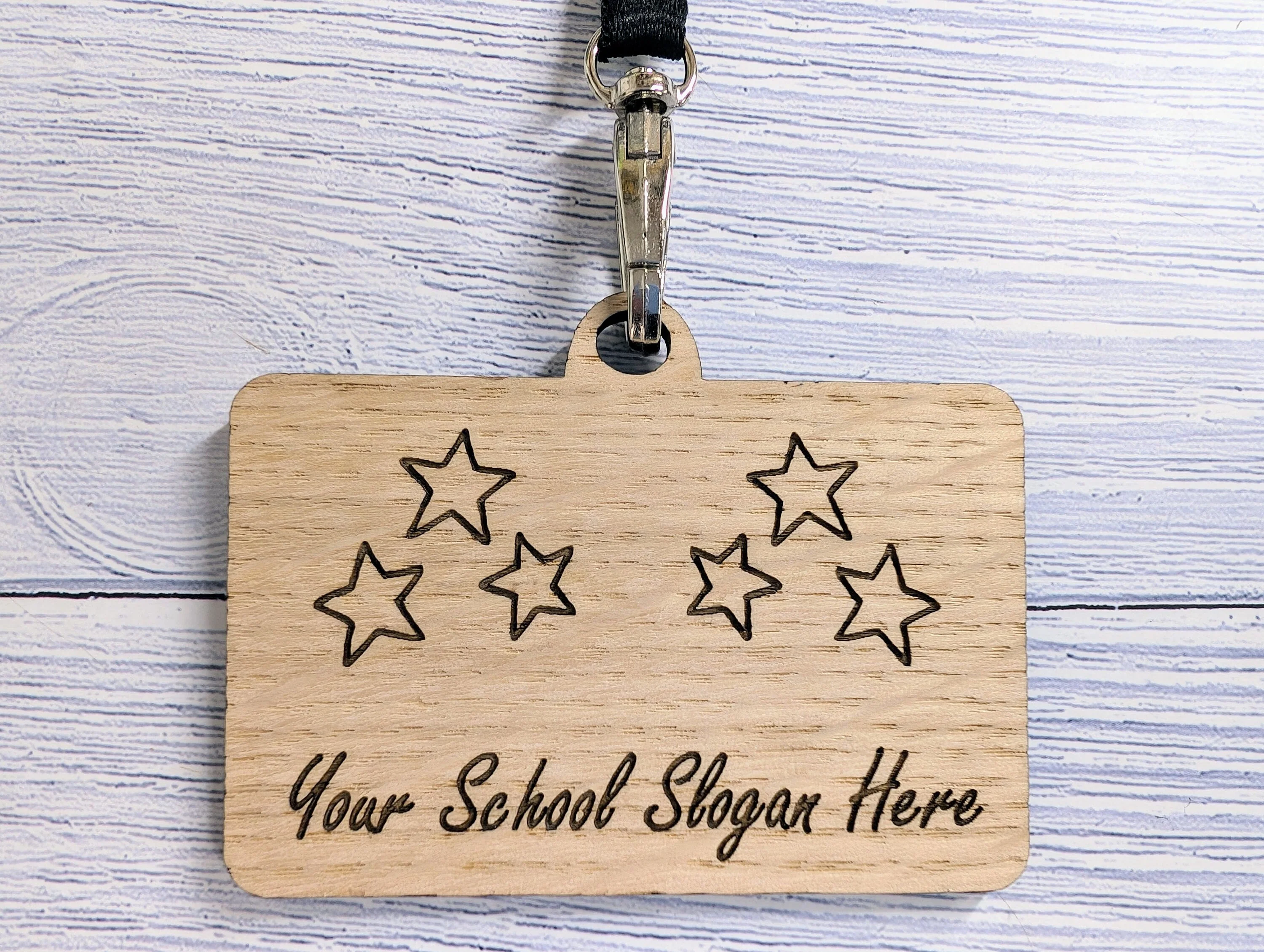 School Staff Badges with Lanyards, Personalised Slogan Oak Veneer Badges on Eco Lanyards - Image 4