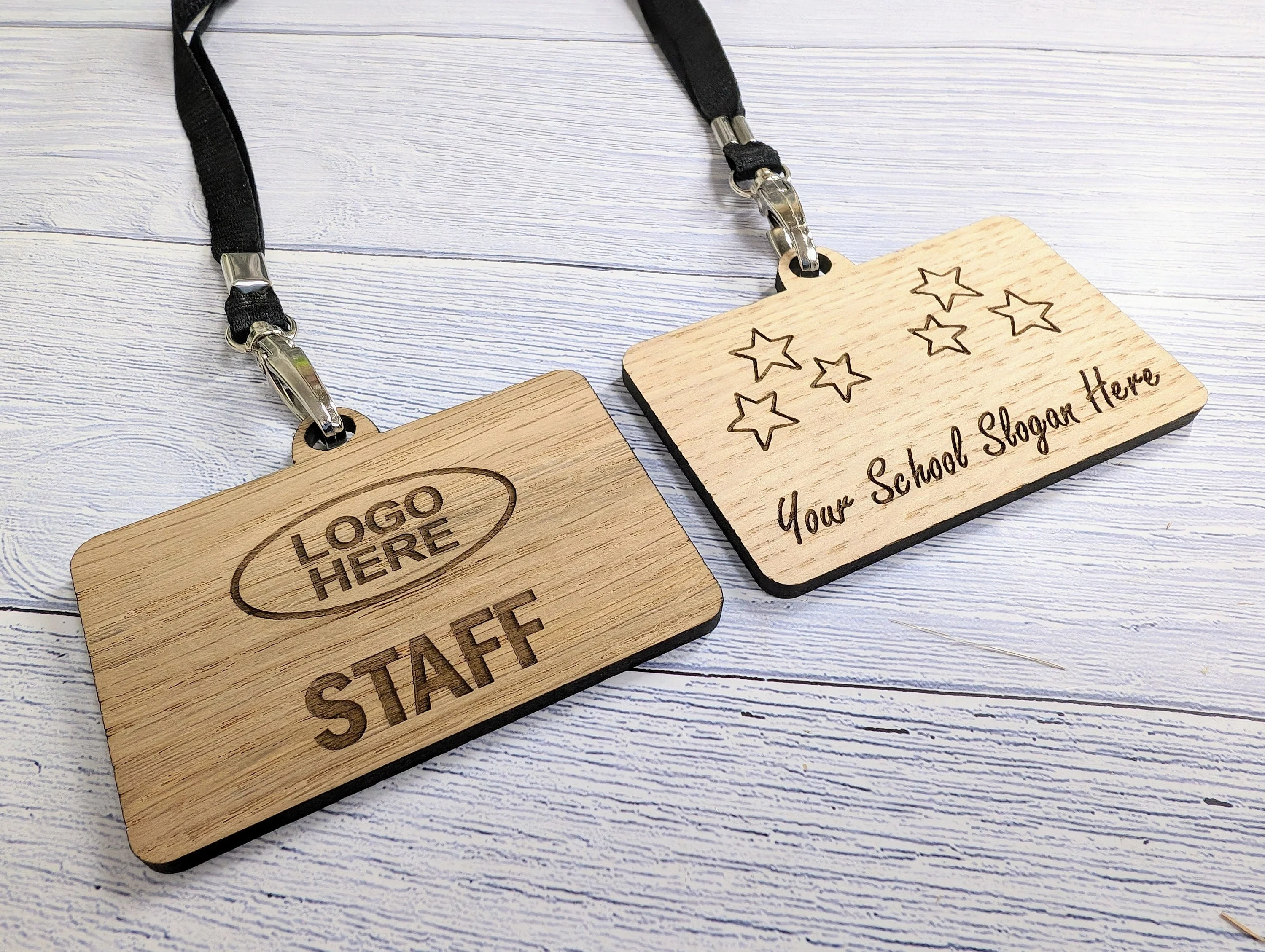 School Staff Badges with Lanyards, Personalised Slogan Oak Veneer Badges on Eco Lanyards - Image 6