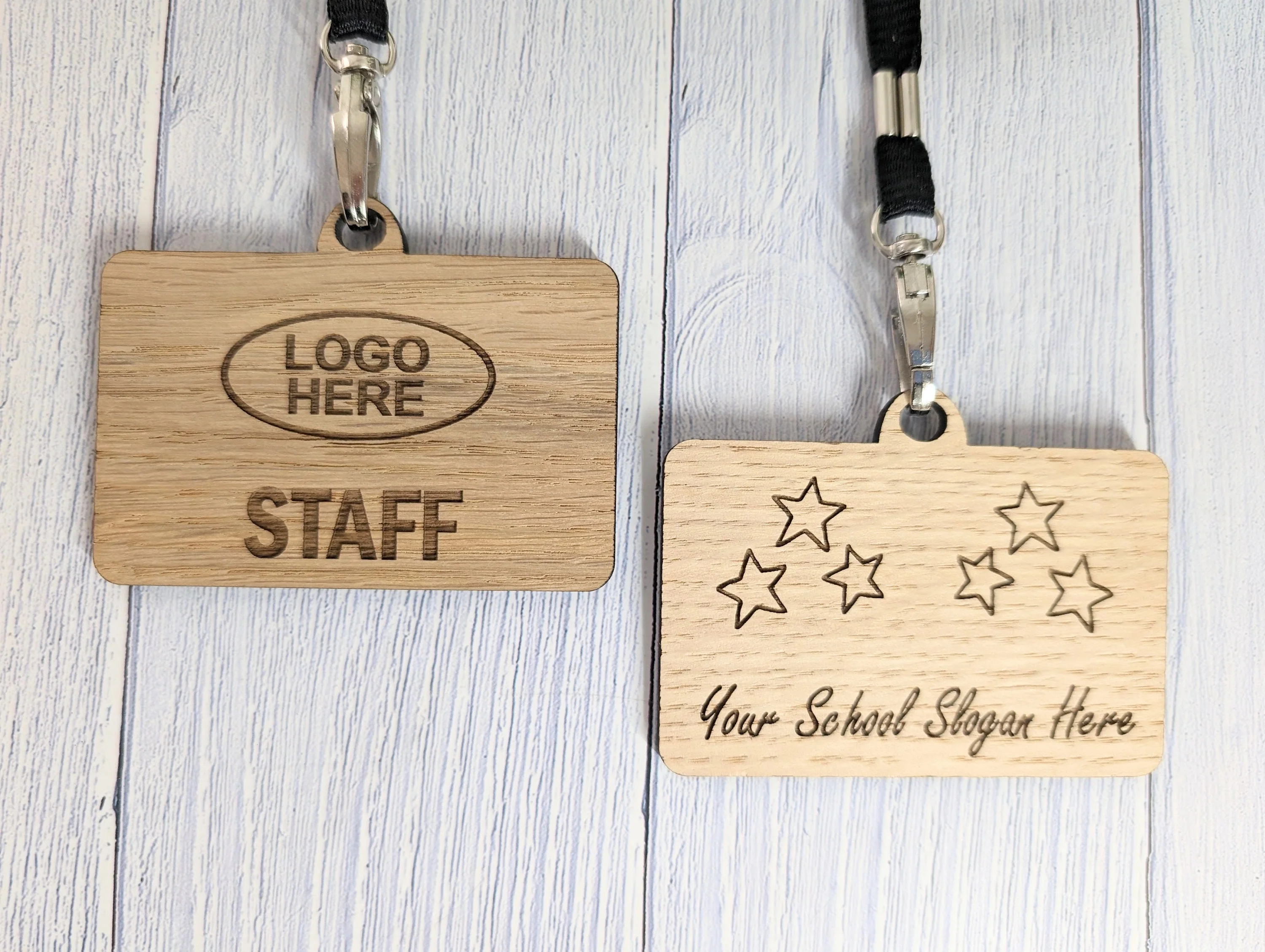 School Staff Badges with Lanyards, Personalised Slogan Oak Veneer Badges on Eco Lanyards - Image 7
