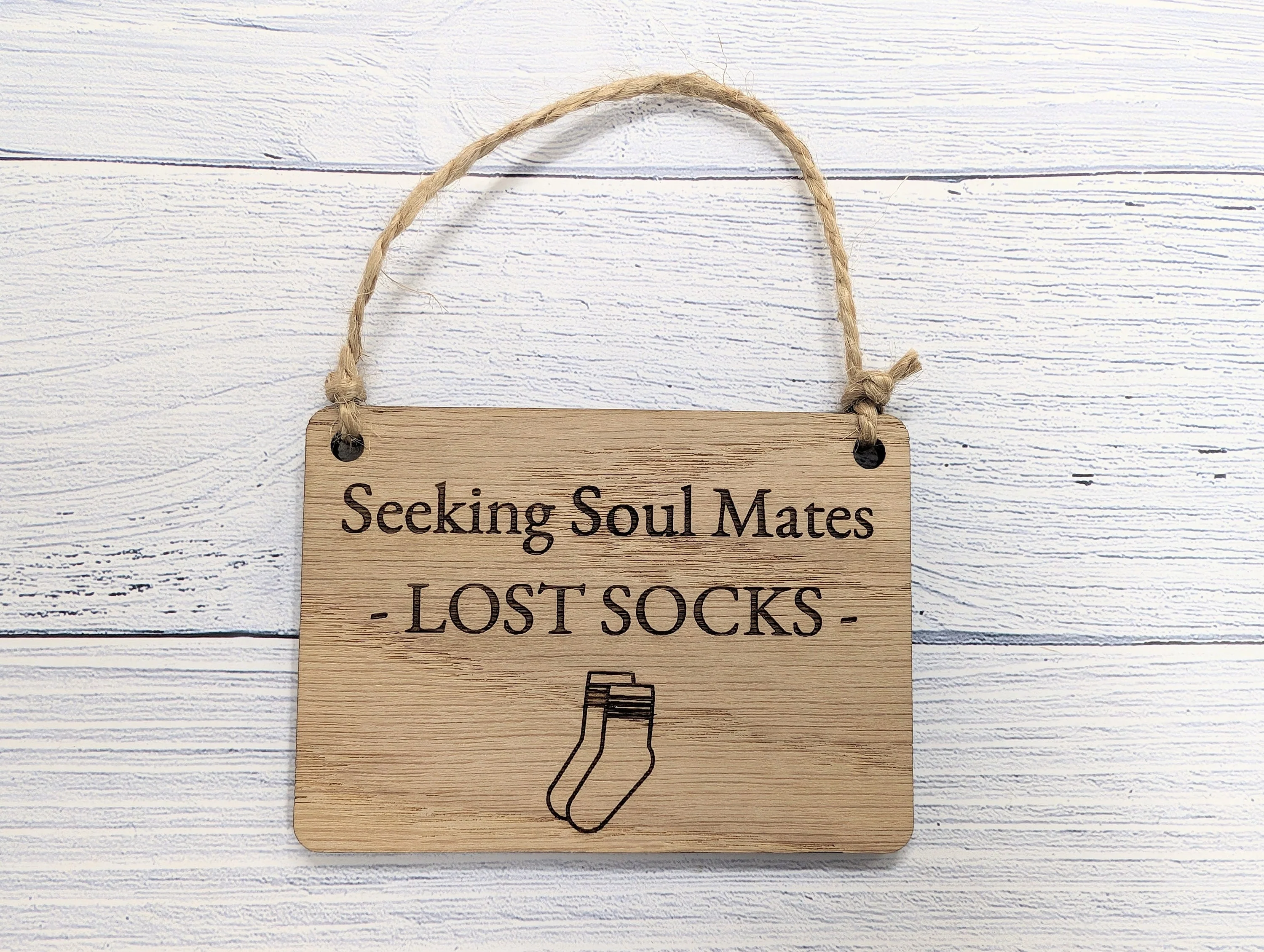 Seeking Soul Mates' - Oak Veneer MDF, Quirky Laundry Decor, 4 Sizes, Sock Graphic, Non-Personalised - Image 3