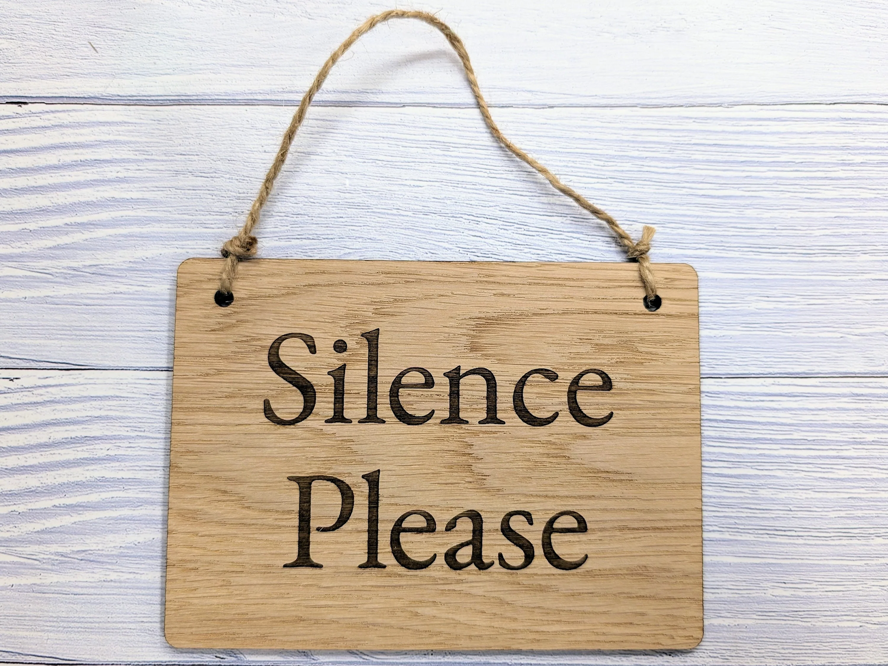 Silence Please - Personalised Wooden Sign - Custom Quiet Area Decor for Libraries, Spas, Study Rooms, Homes, Oak Veneer, Hanging Wall Art - Image 2
